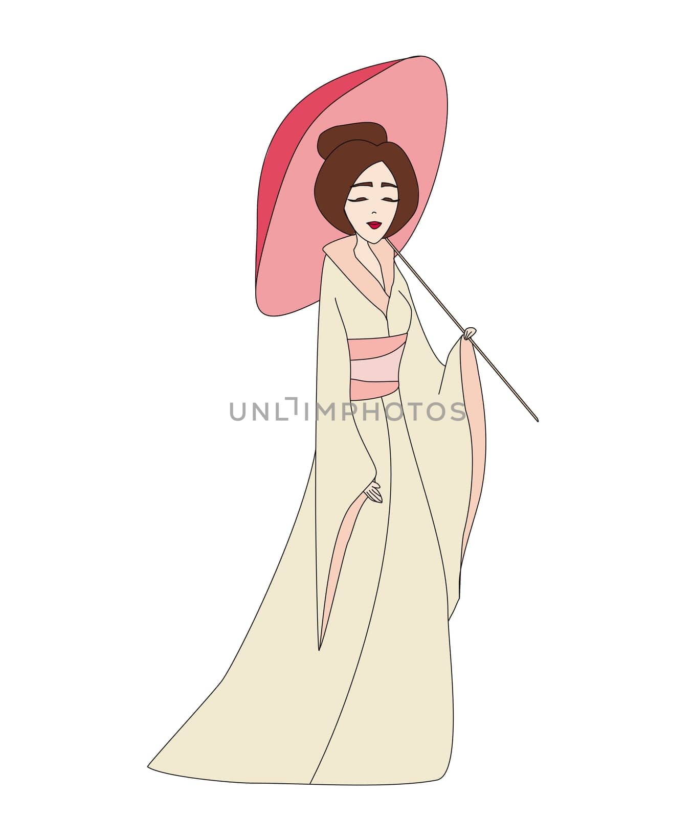Beautiful japanese geisha girl in kimono - doodle illustration