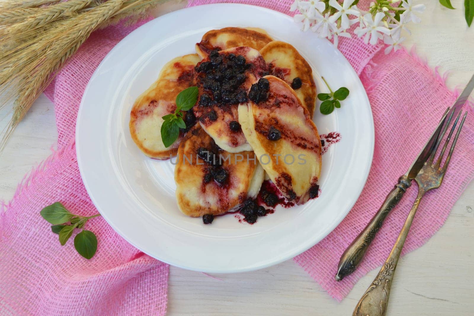 Pancakes with jam and currants. Delicious food dessert top view