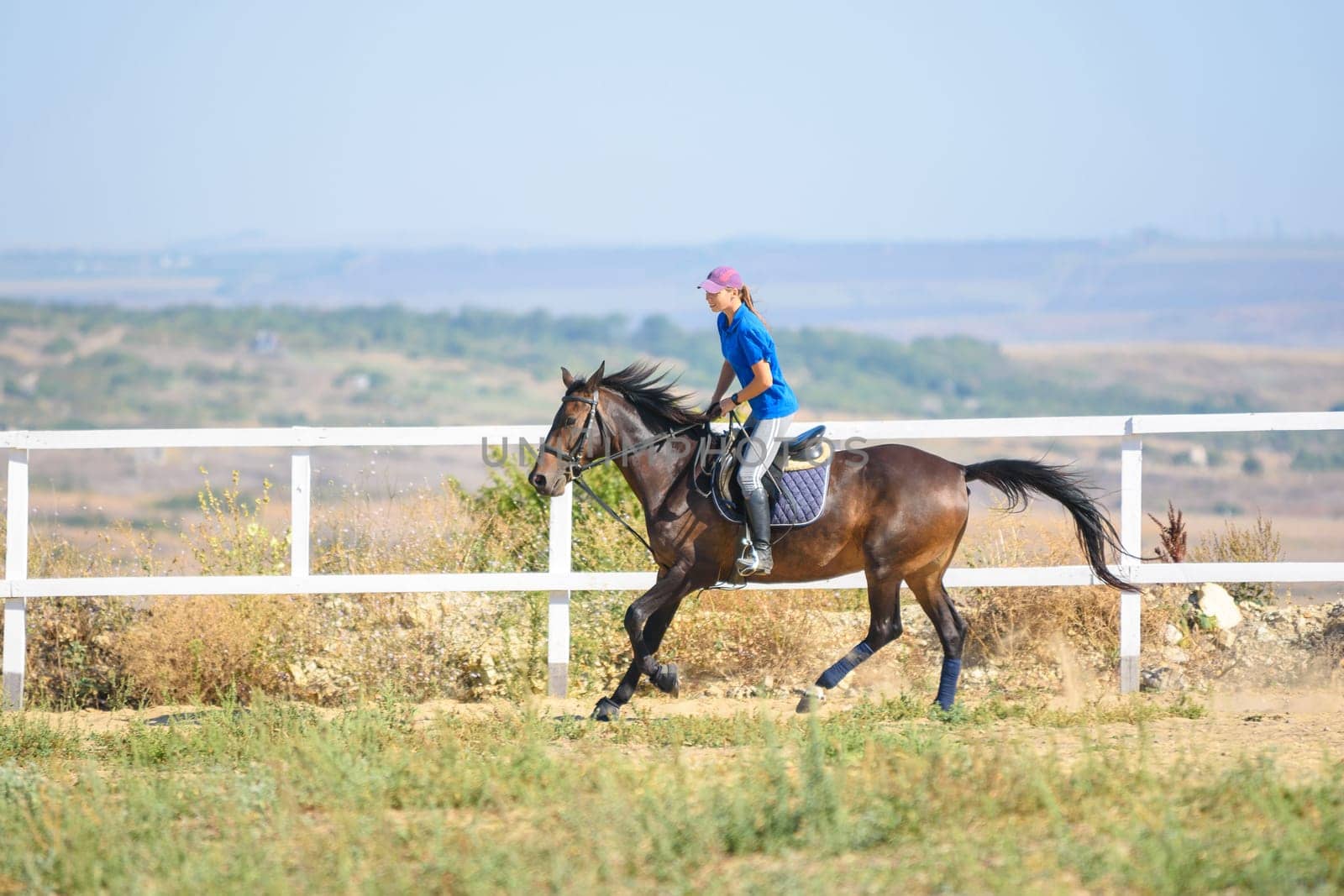 Girl rides a horse along the fence of the corral
