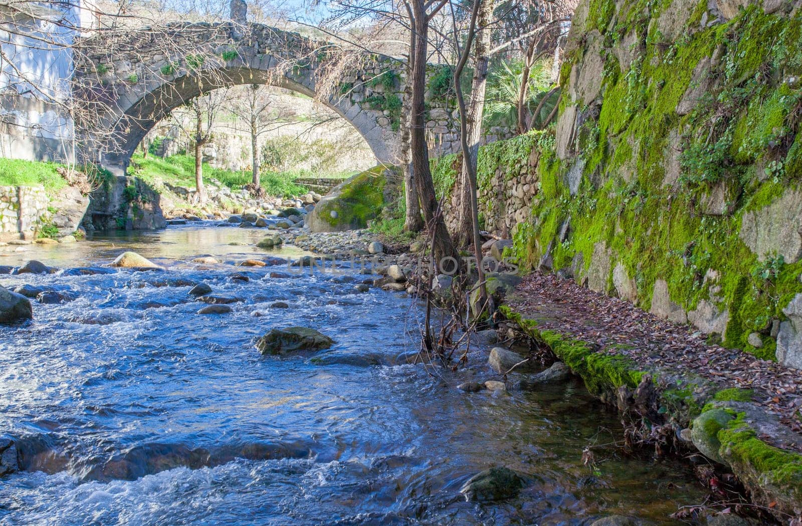Medieval Fuente Chiquita bridge in Hervas, Ambroz Valley village. Caceres, Extremadura, Spain