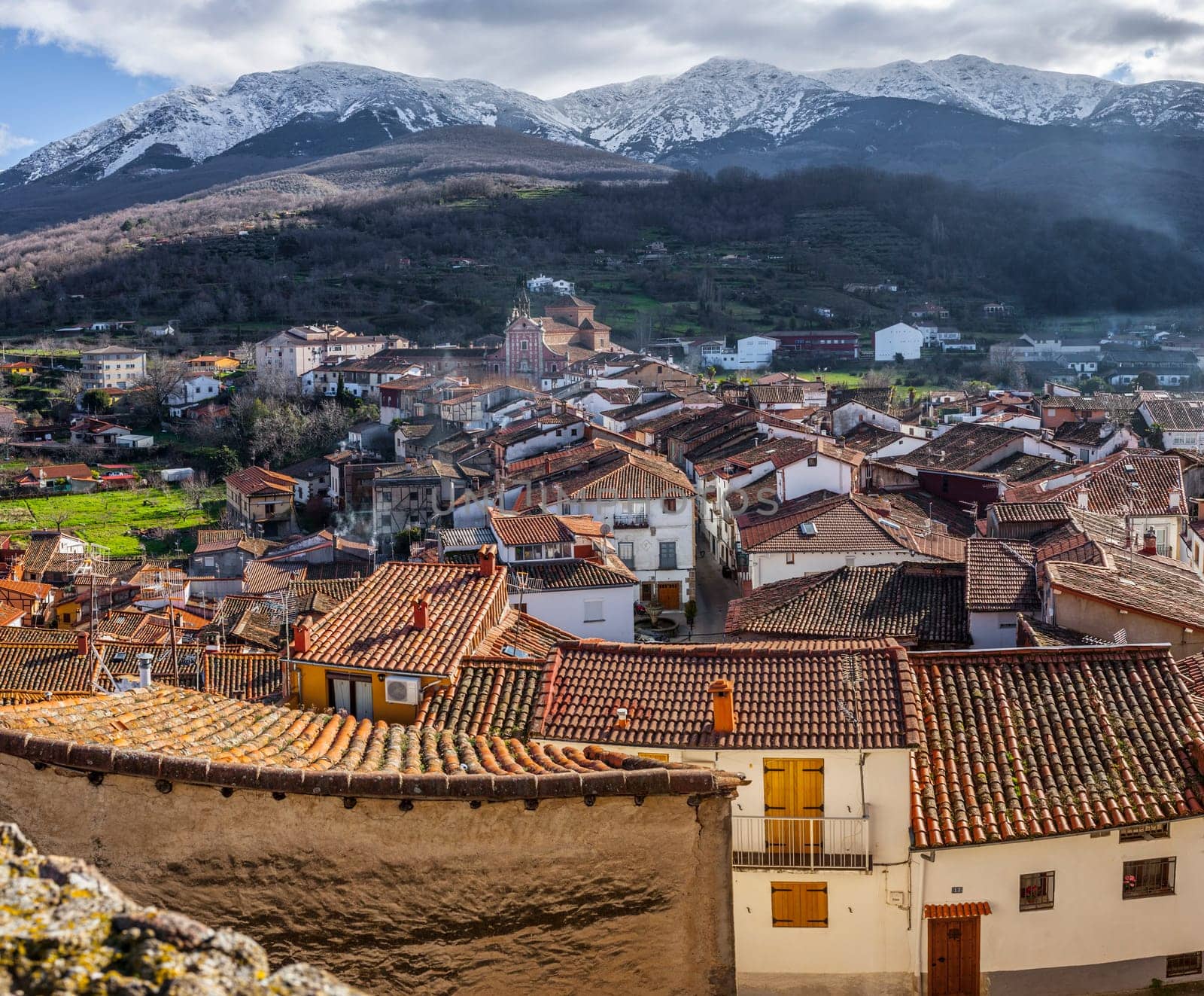Viewpoint of Santa Maria Church, Ambroz Valley village. Caceres, Extremadura, Spain