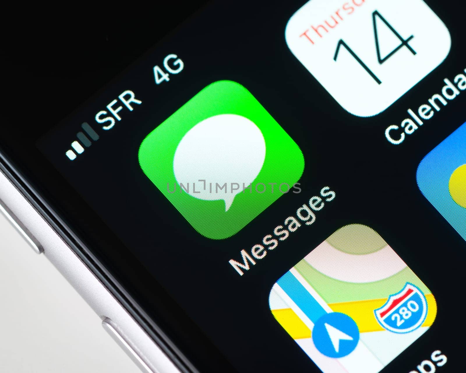 BAYONNE, FRANCE - CIRCA JANUARY 2021: Messages app icon on Apple iPhone screen.