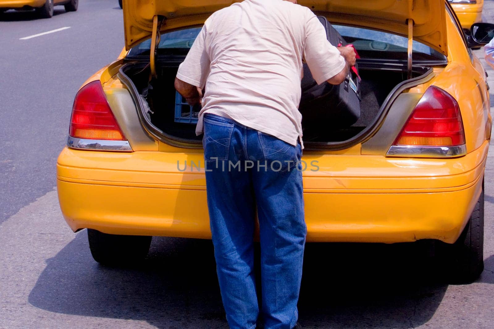 Rear view of a man loading luggage in a car