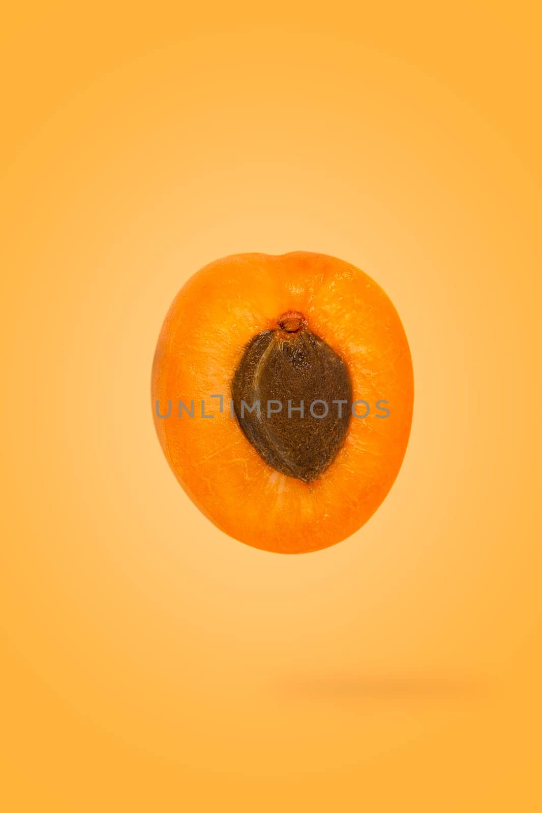 Minimal fruit concept. One half apricot fruit on bright yellow background with shadow. Design element. Full depth of field.