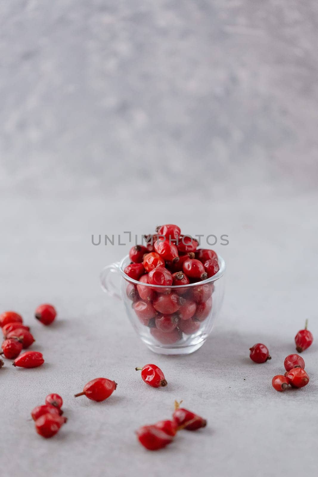 Medicinal plants and herbs. Rose hips berries on concrete background in a glass cup with copy space. Dried fruits for herbal teas and essential oils. Selective focus. Vertical orientation.