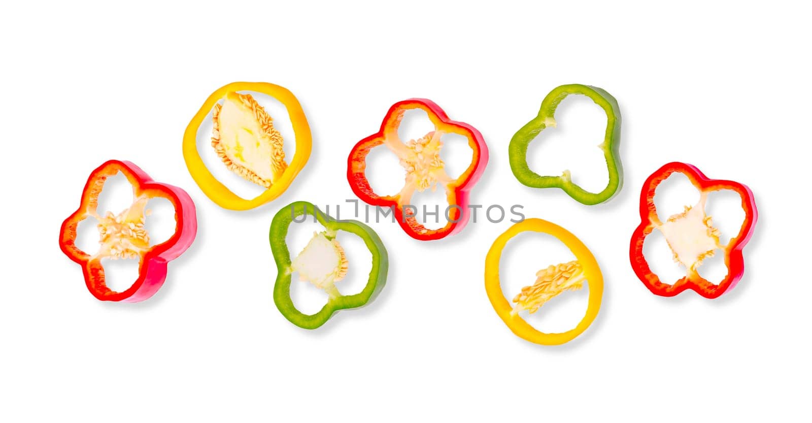 Isolated vegetables banner. Peppers bell with clipping path on white background with shadows. Flat lay. Full death of field.