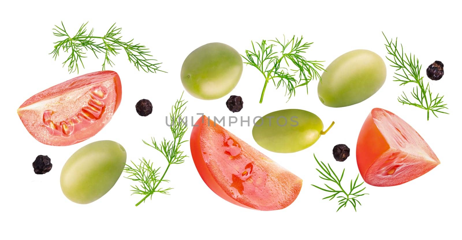 Isolated vegetables banner. Tomatoes, green olives, dill and black pepper with clipping path on white background with shadows. Flat lay. Full death of field.