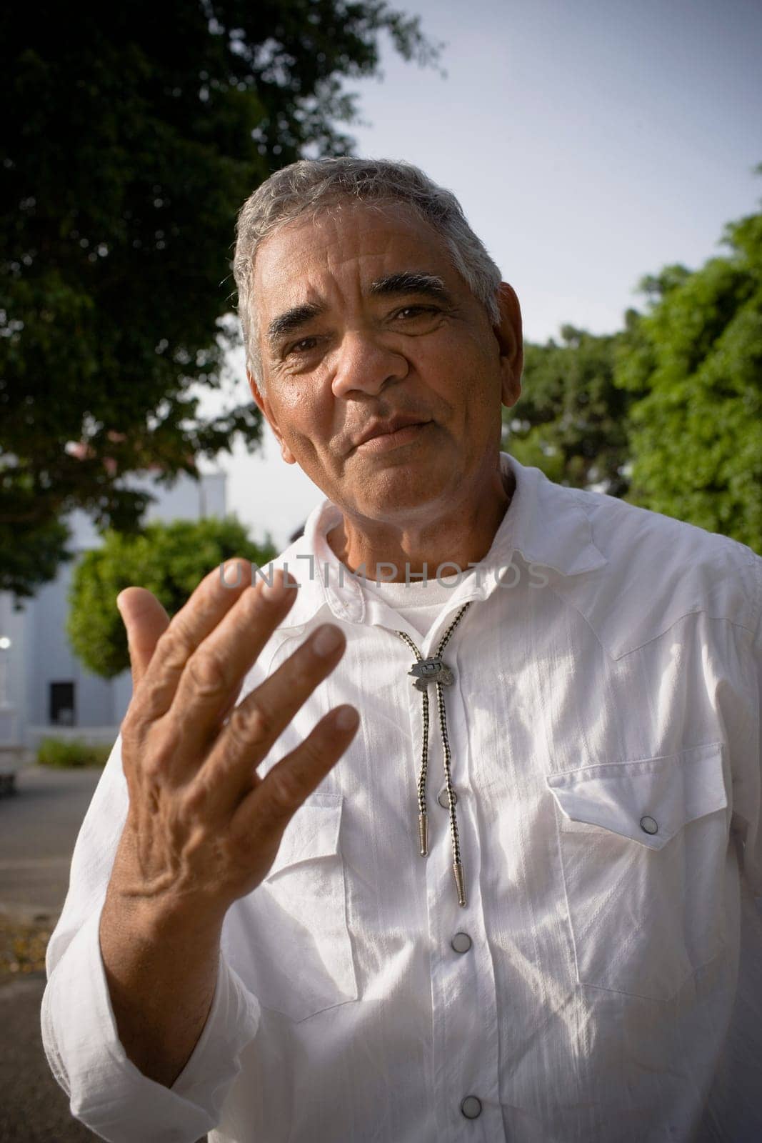 Portrait of senior man gesturing with hands, outdoors