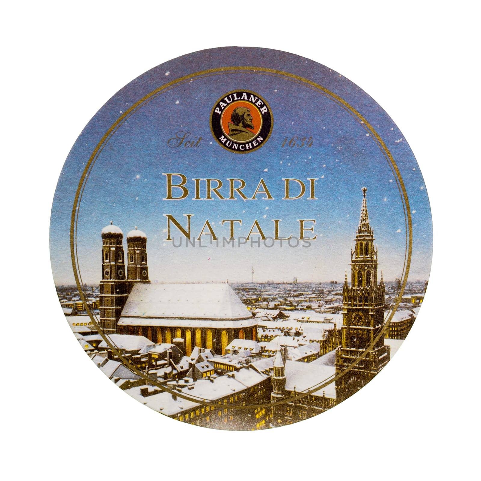 MILAN, ITALY - MARCH 15, 2015: Beermat of special German Christmas beer Paulaner isolated over white background