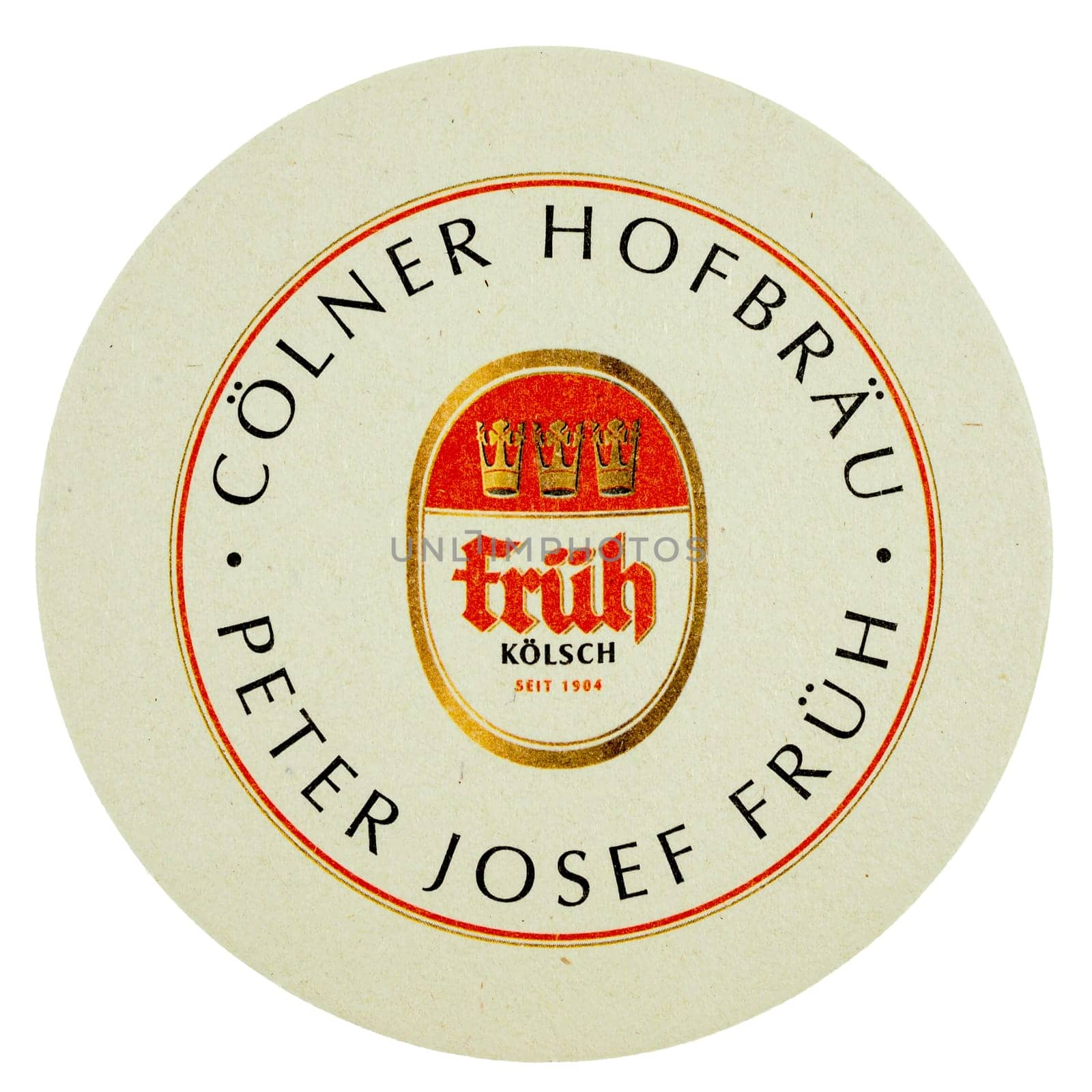 BERLIN, GERMANY - MARCH 15, 2015: Beermat of German beer Frueh isolated over white background