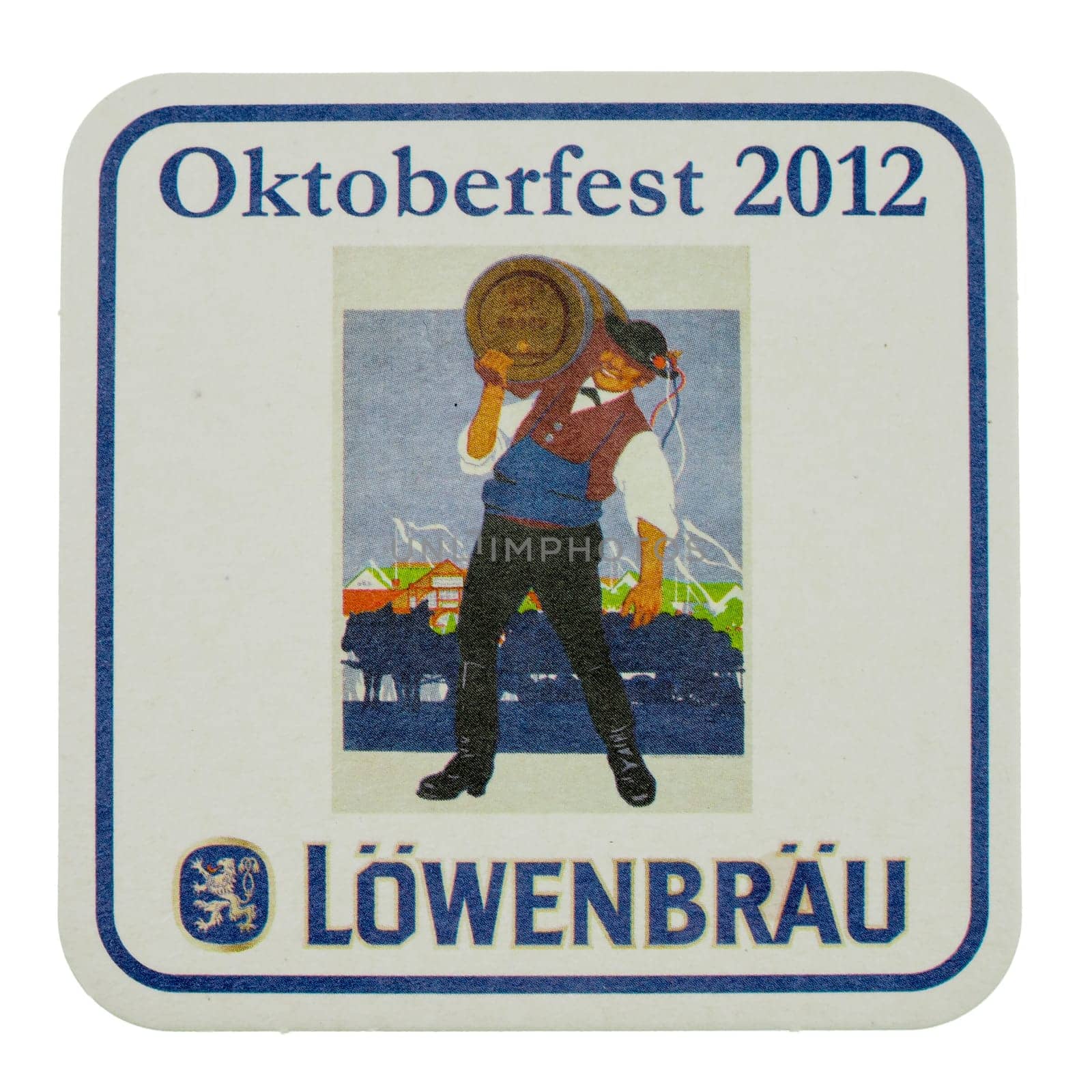 BERLIN, GERMANY - MARCH 15, 2015: Beermat of German beer Loewenbraeu isolated over white background
