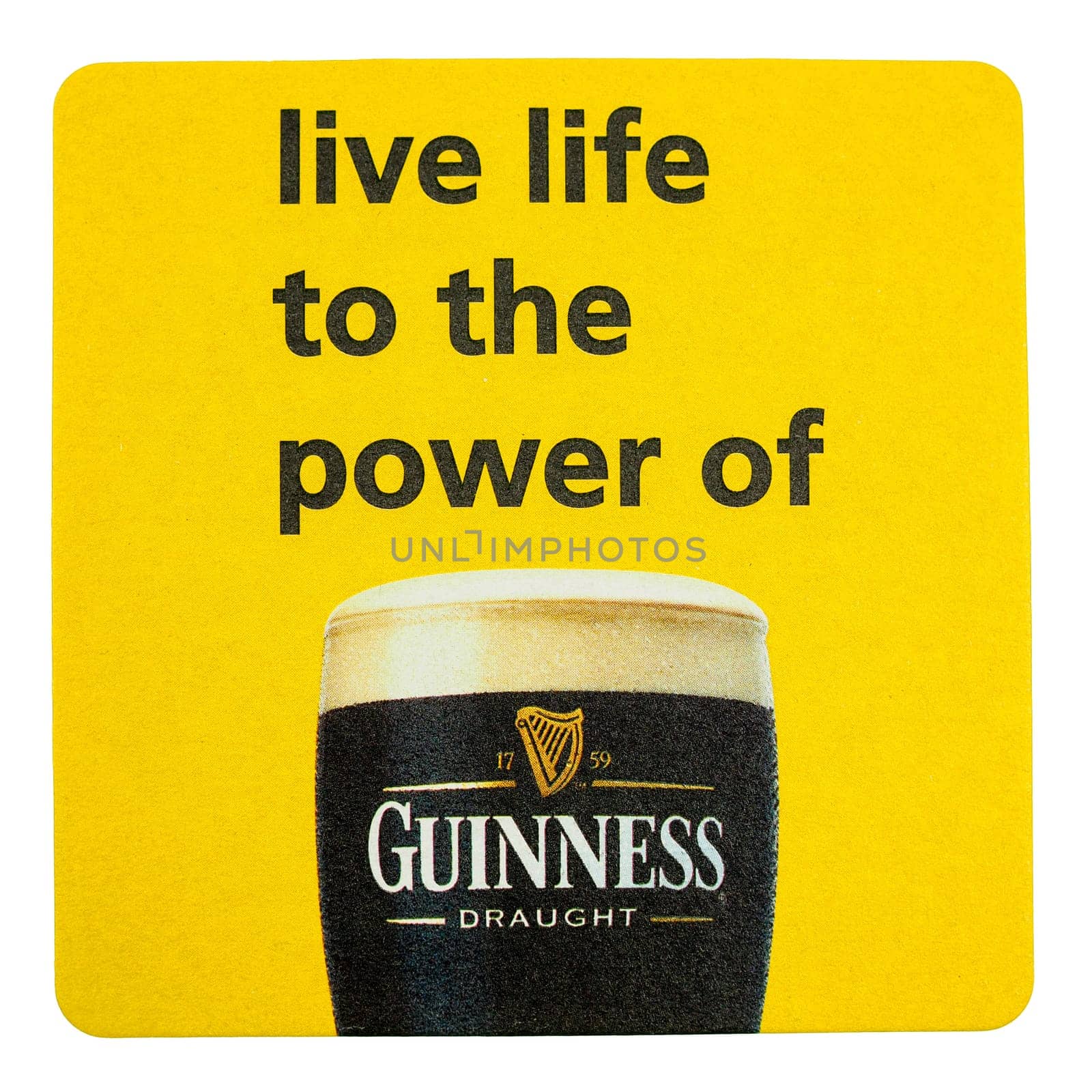 DUBLIN, IRELAND - MARCH 15, 2015: Beermat of Irish beer Guinness isolated over white background