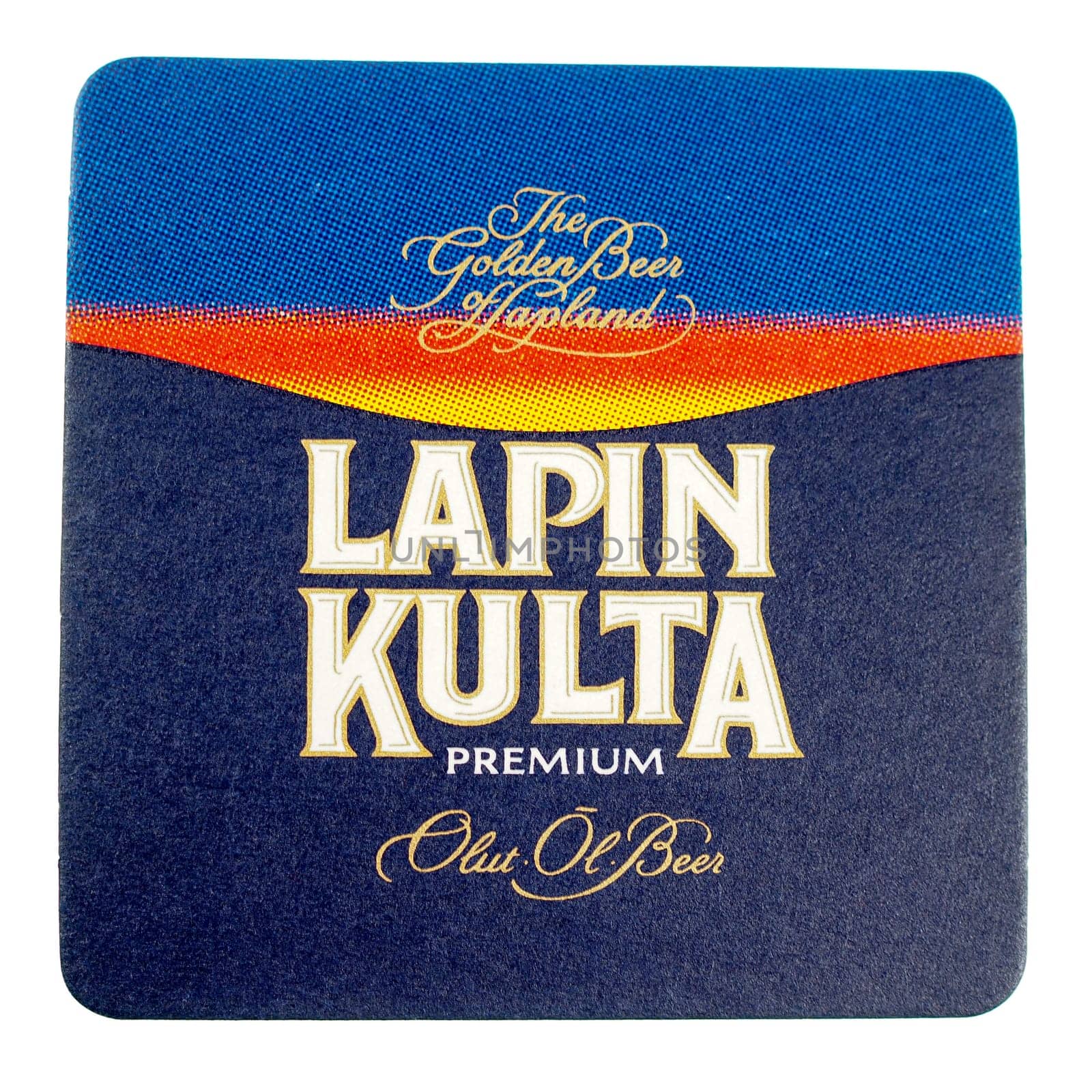 HELSINKI, FINLAND - MARCH 15, 2015: Beermat of Finnish beer Lapin Kulta isolated over white background