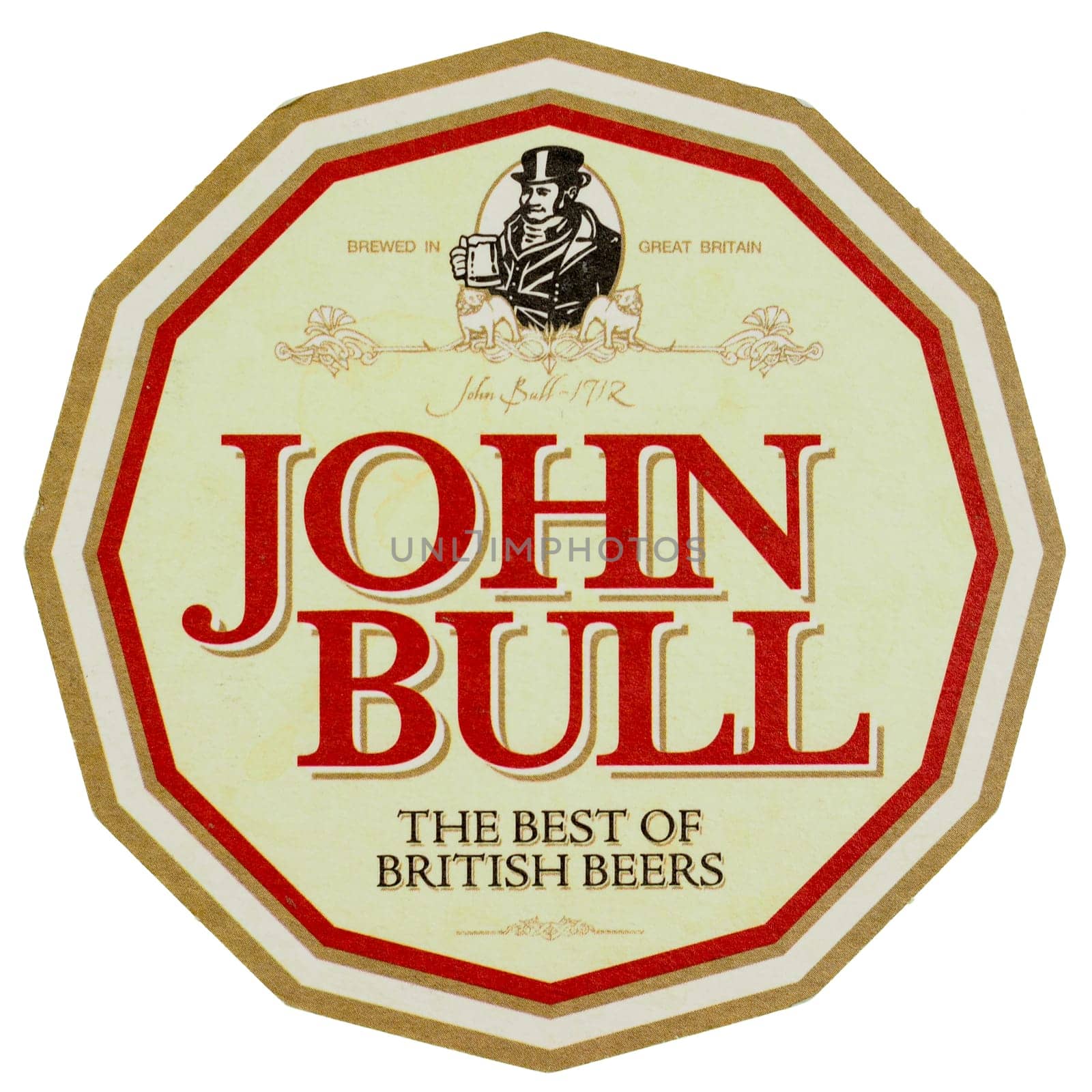 LONDON, UK - MARCH 15, 2015: Beermat of British beer Eagle BitterJohn Bull isolated over white background