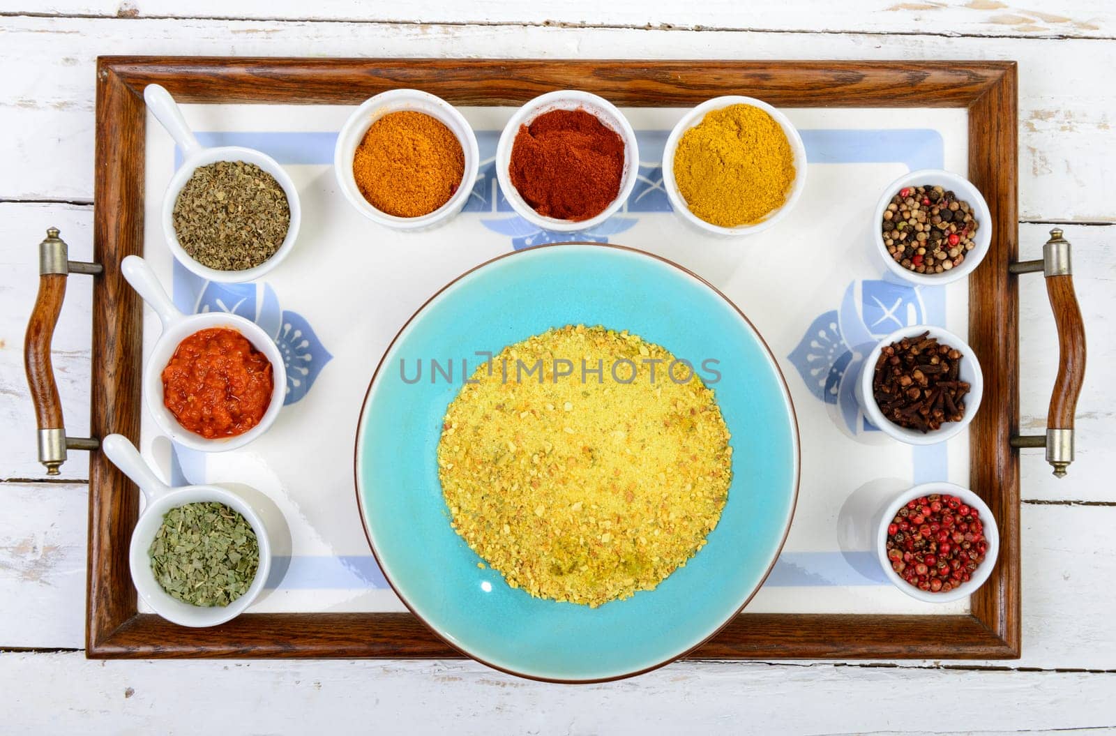 Indian spices assortments on a tray