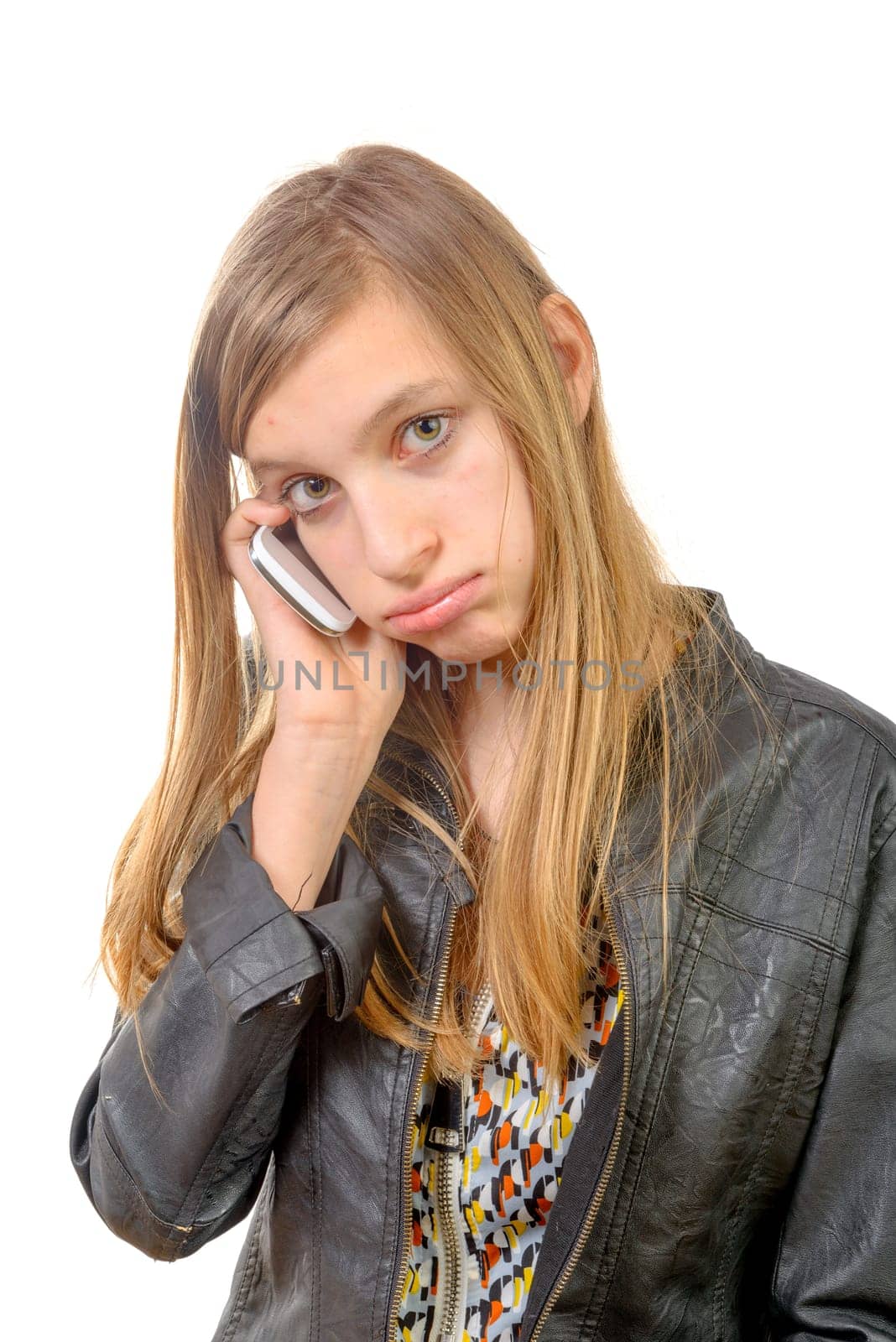 a teenager with a cell phone on the white background