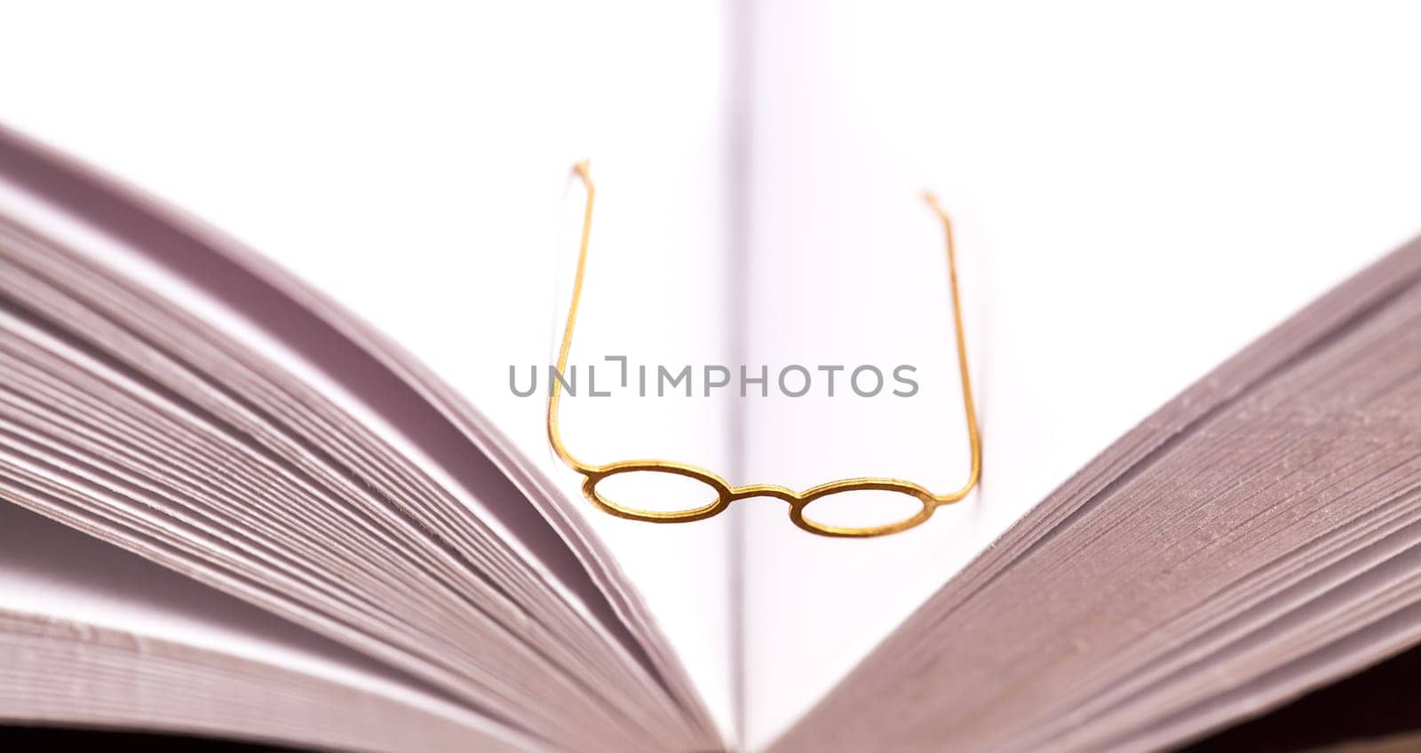 Small reading glasses sat inside the spine of an open blank book with white pages