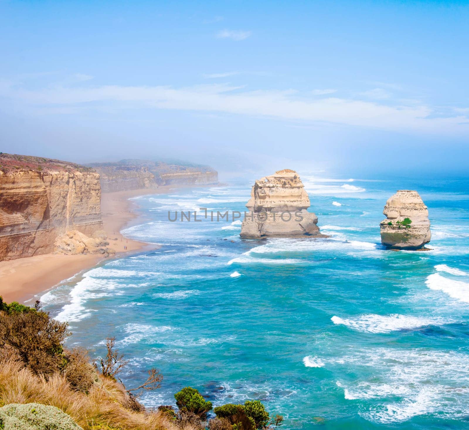 The Twelve Apostles, a famous collection of limestone stacks off the shore of the Port Campbell National Park, by the Great Ocean Road in Victoria, Australia