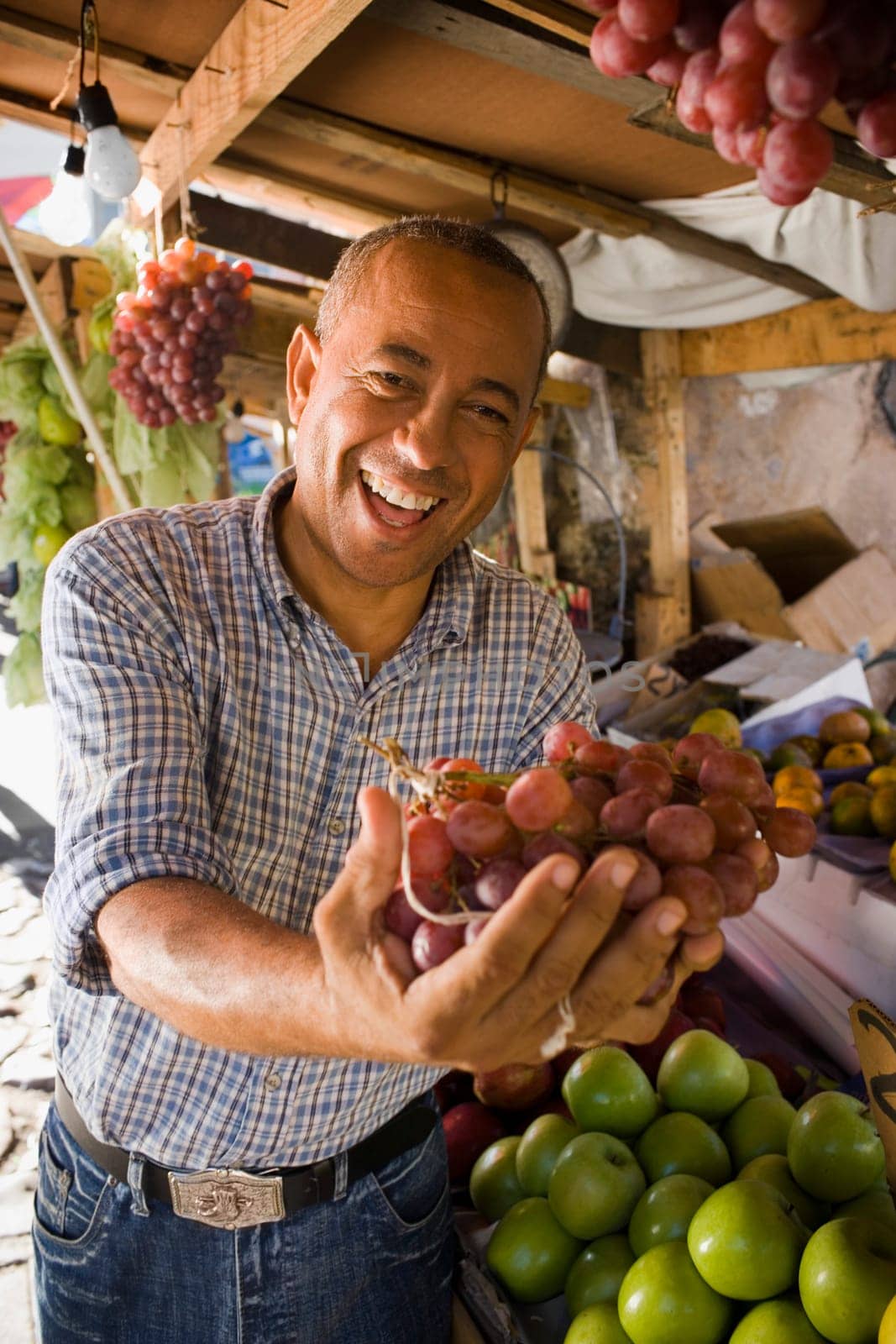 Portrait of a mature man holding a bunch of red grapes, Santo Domingo, Dominican Republic