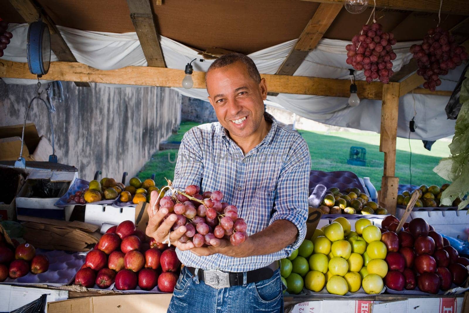 Portrait of a mature man holding a bunch of red grapes, Santo Domingo, Dominican Republic