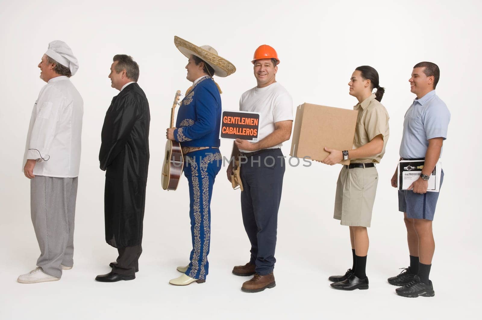 Postal worker, chef, delivery man, mariachi, judge and construction worker standing in line holding Gentlemen sign