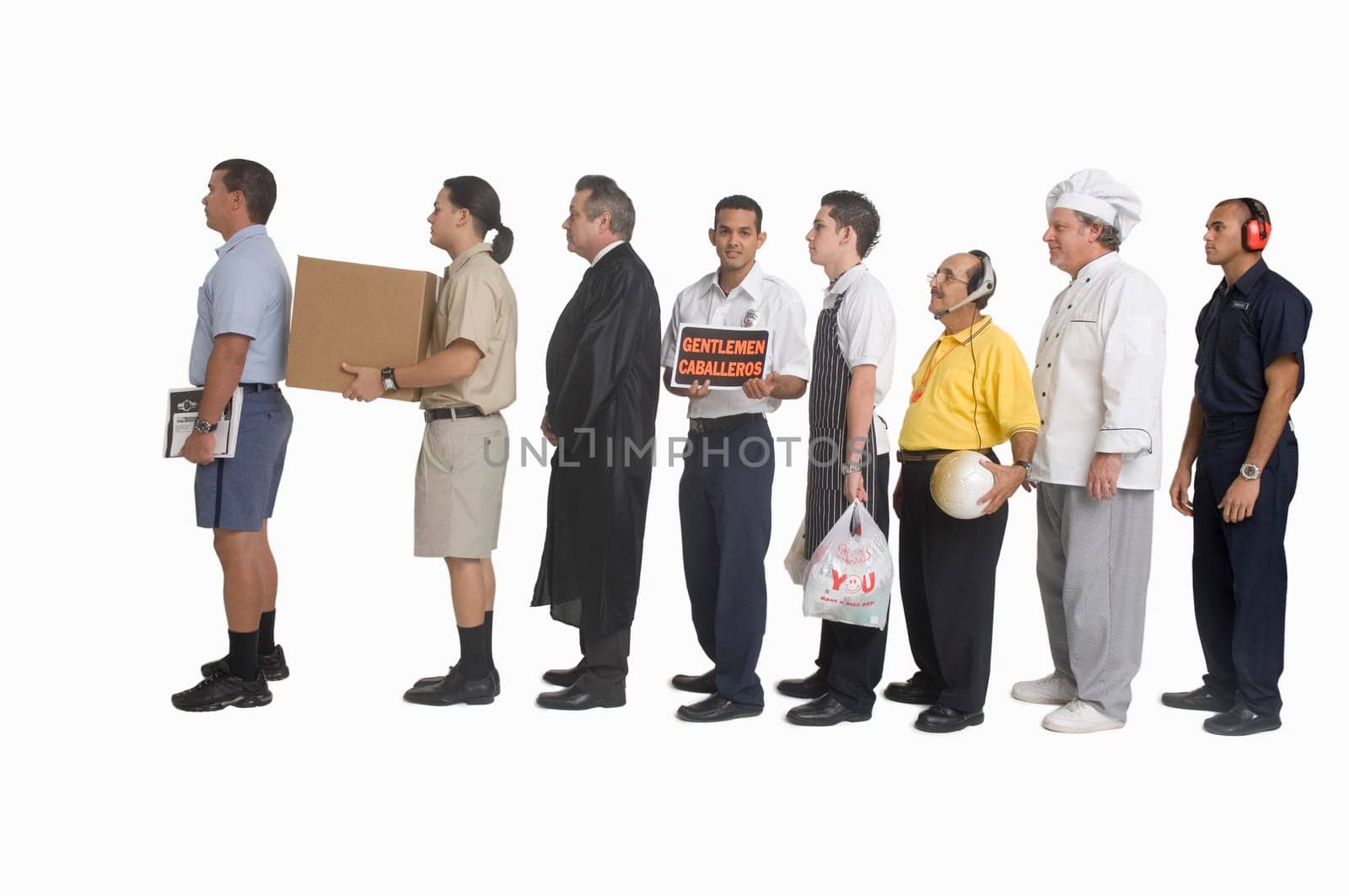Group of men of different professions standing in line