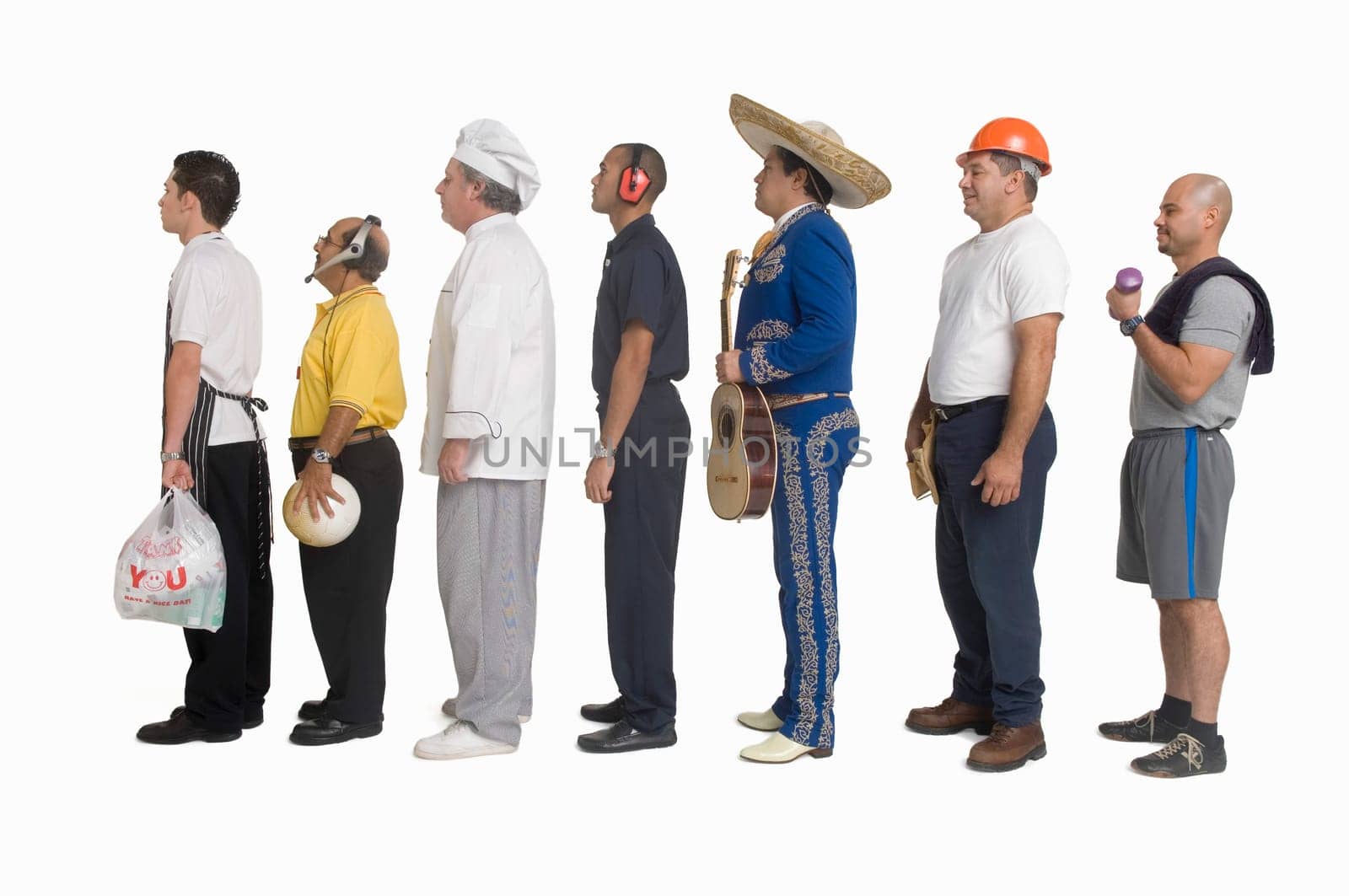 Group of men of different professions standing in line