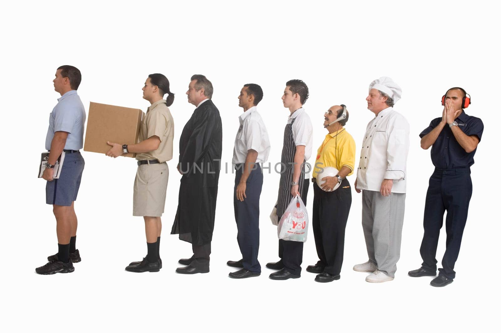 Group of men of different professions standing in line