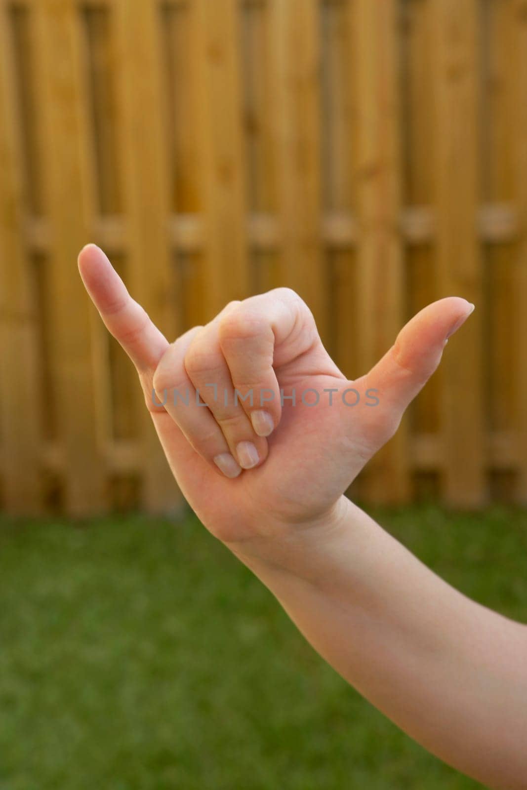 Close-up of a woman's hand making a shaka sign