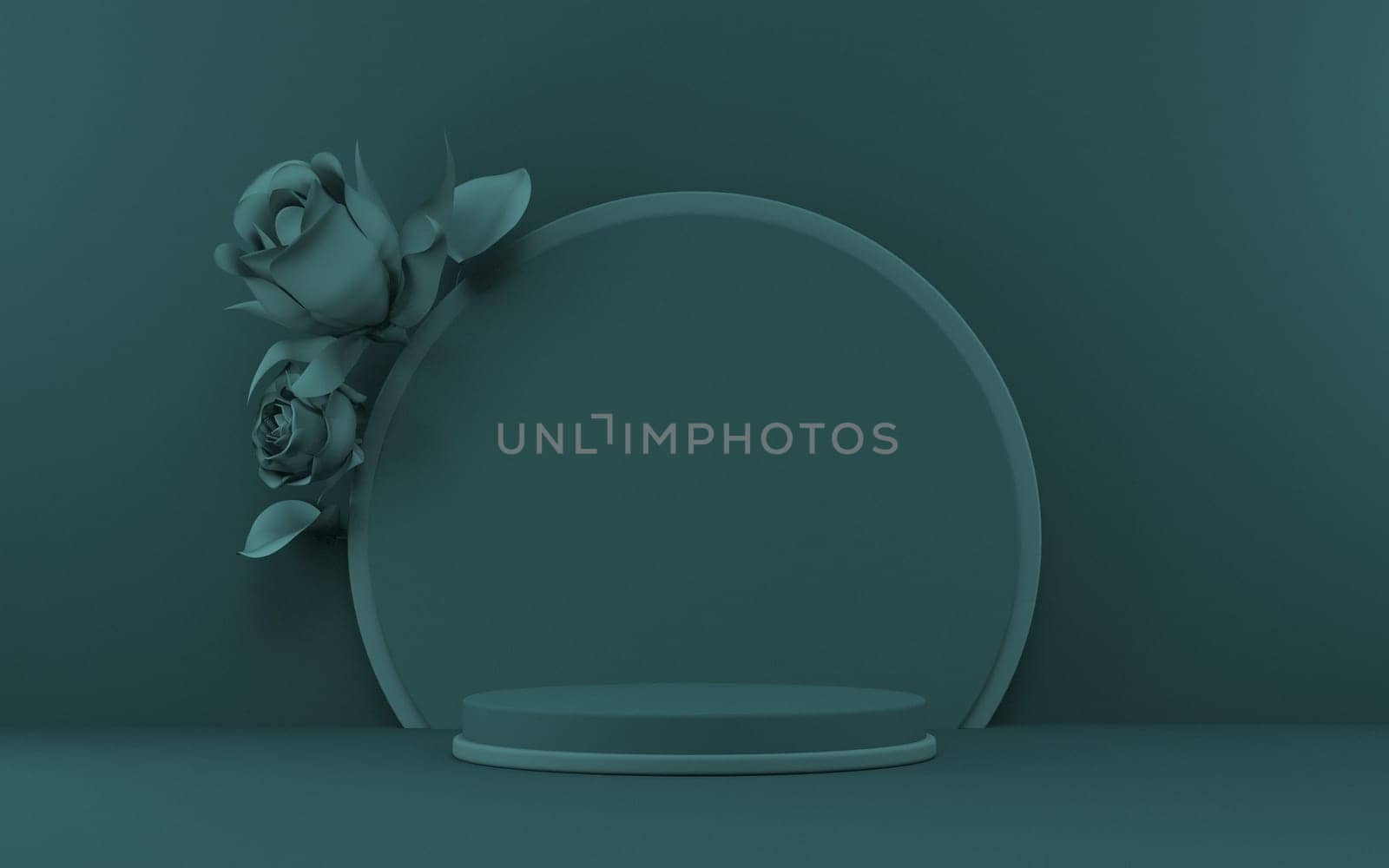 Mock up podium for product presentation circle with green roses 3D render illustration on green background