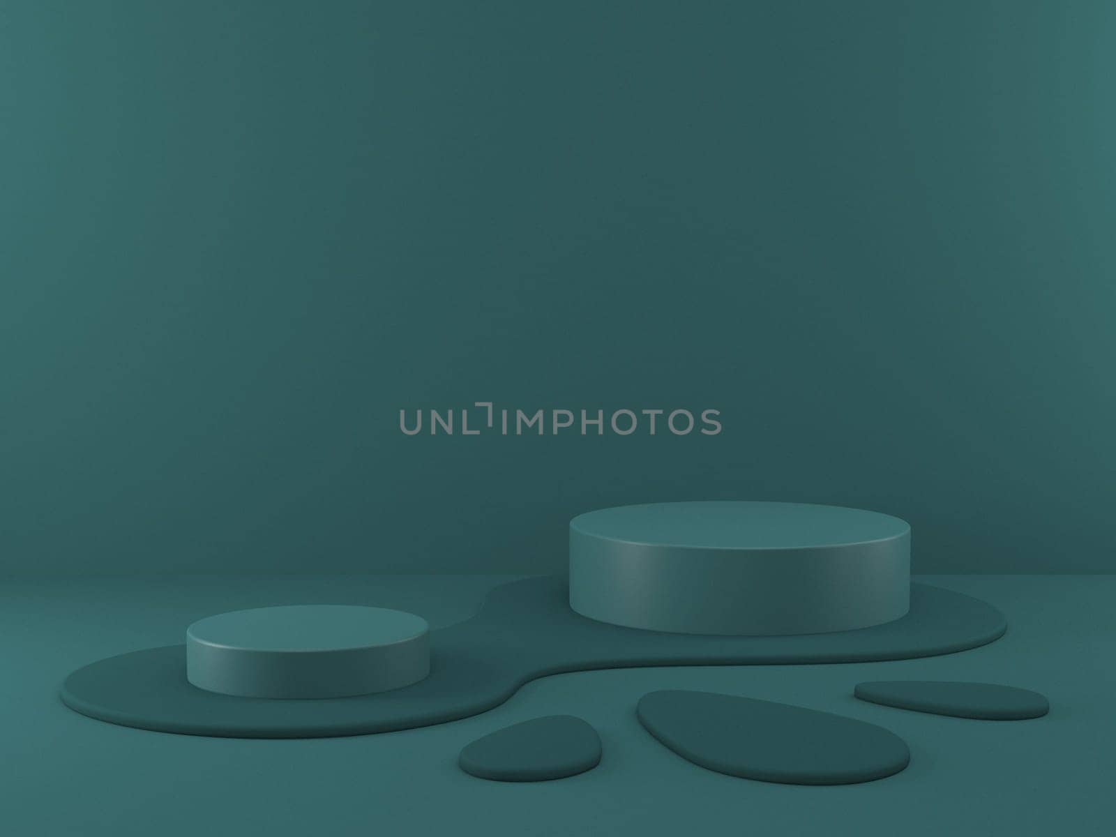 Mock up podium for product presentation two cylinders with green splash 3D render illustration on green background