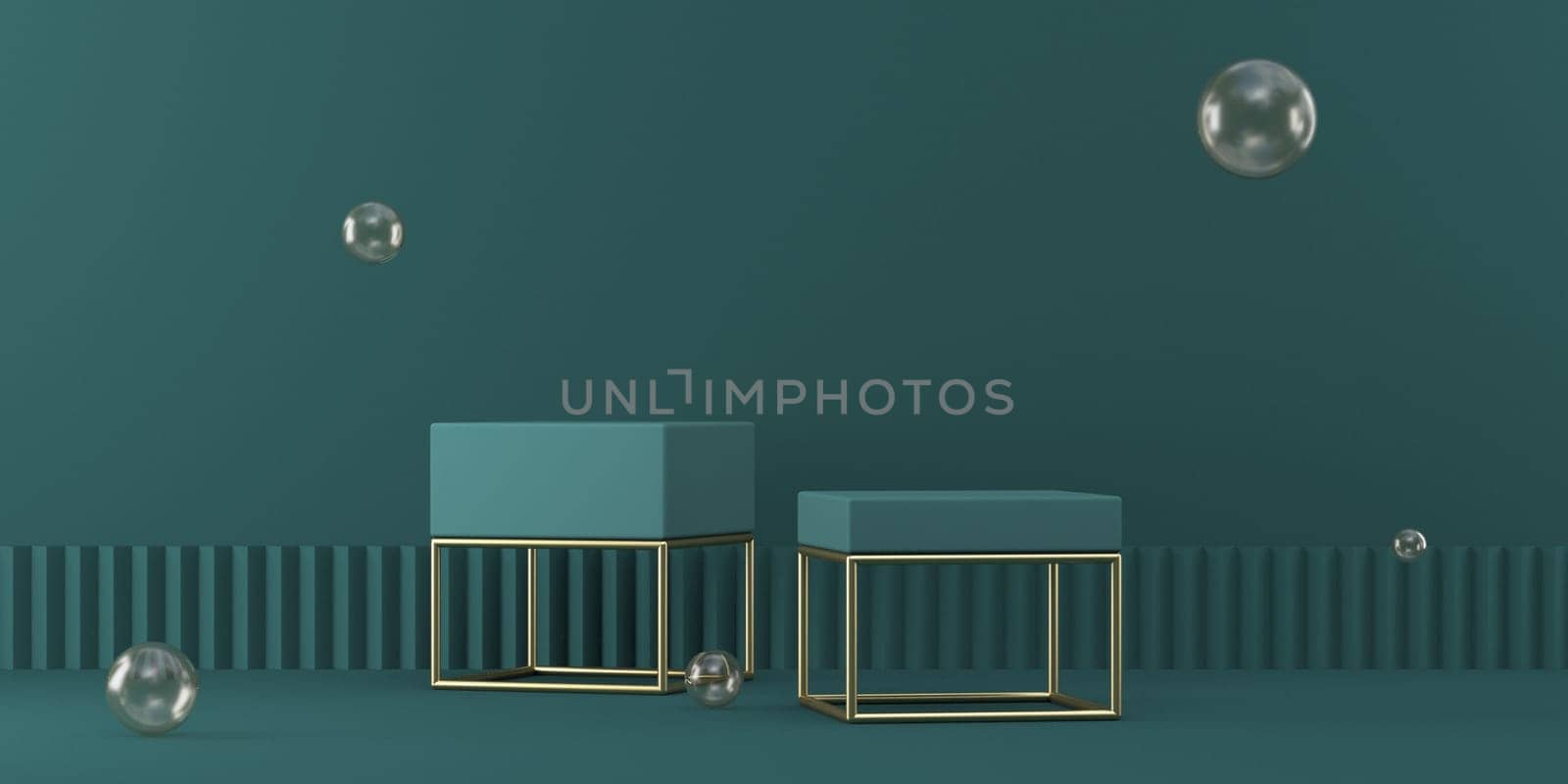 Mock up podium for product presentation two tables with golden bubbles 3D render illustration on green background
