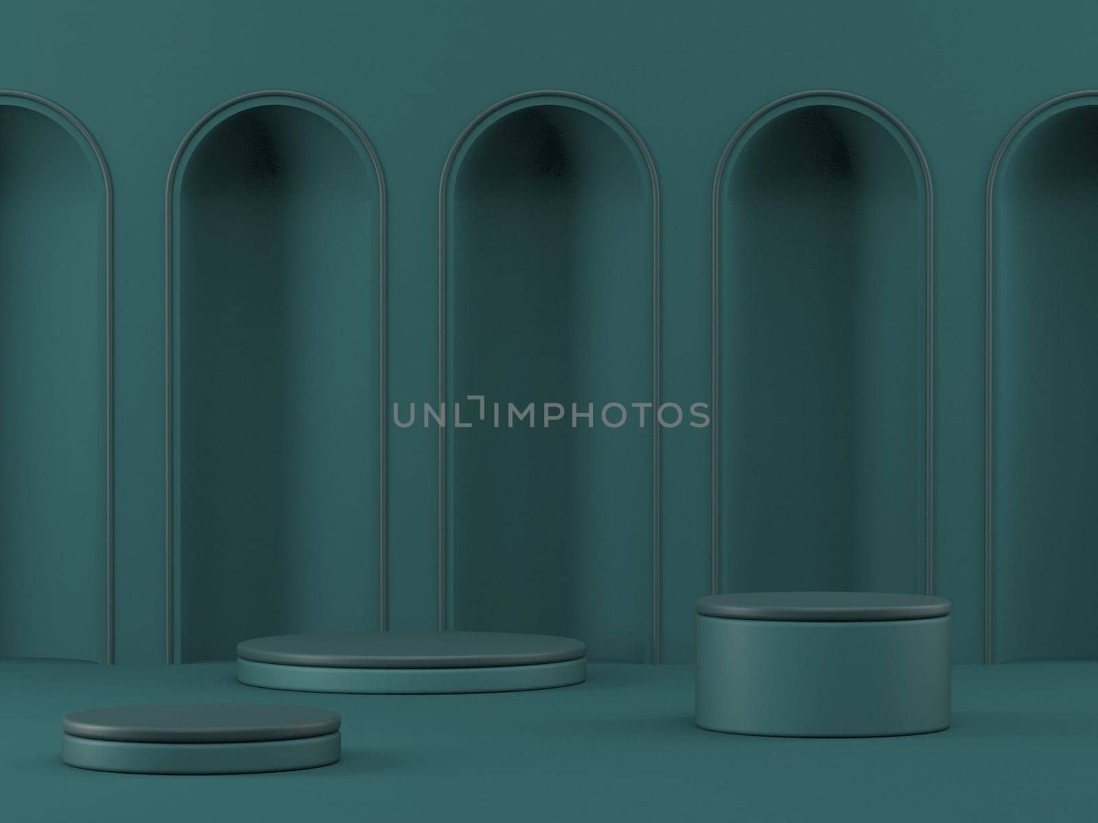 Mock up podium for product presentation with niches in shadows and two cylinders 3D render illustration on green background