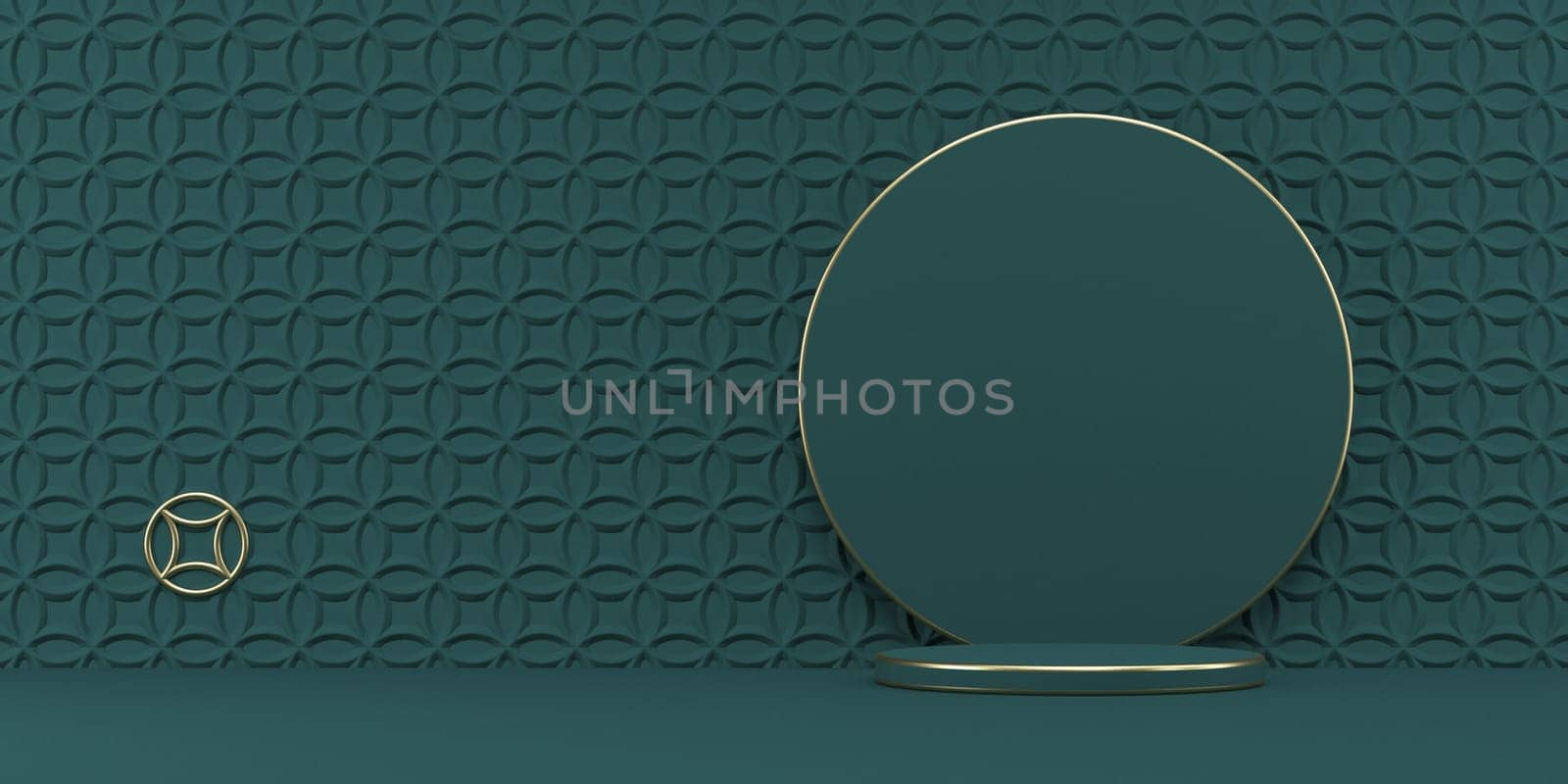 Mock up podium for product presentation circle with textured wall 3D render illustration on green background