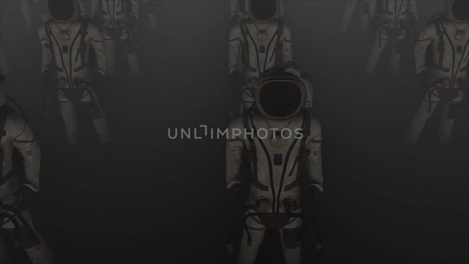 Rows of astronauts with dog, computer generated. 3d rendering of mystical background.
