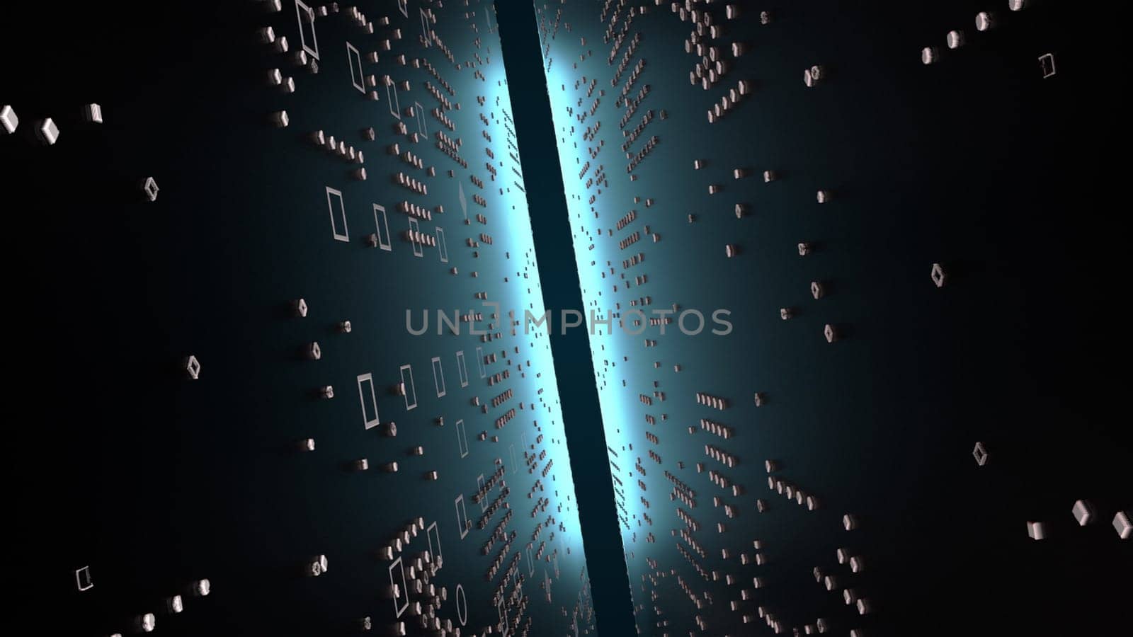 3d technology tunnel, computer generated. 3d rendering of narrow space between chips and neon light. Sci-fi backdrop