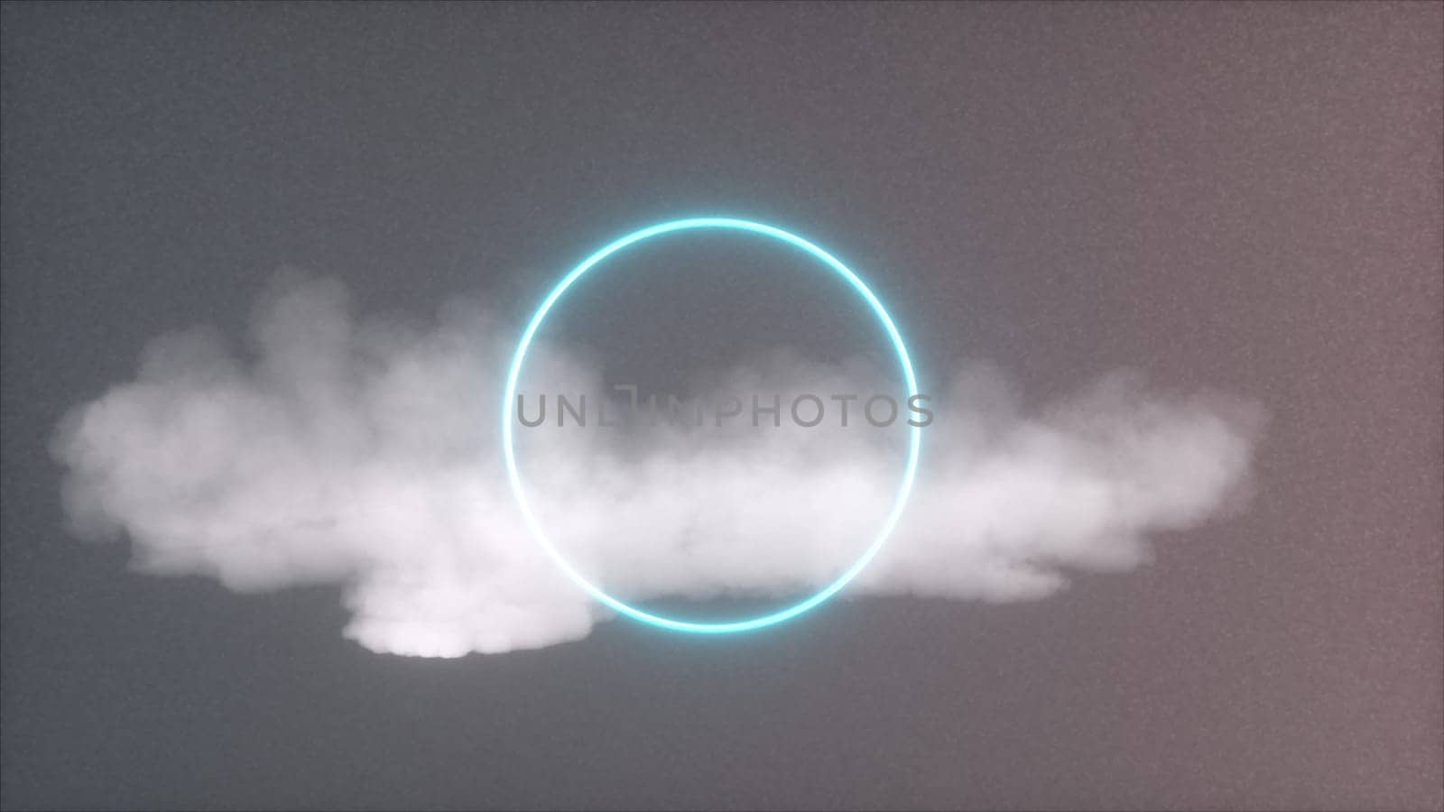 Cloud and neon rings on noise backdrop, computer generated. 3d rendering abstract sky