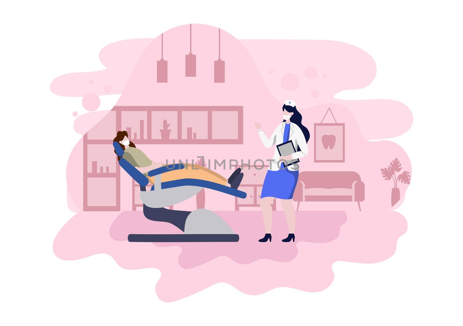 Dental Office Flat Color Illustration. Hospital interior with Workplace, Equipment, Instruments, Consultation, Treatment and Diagnosis Design