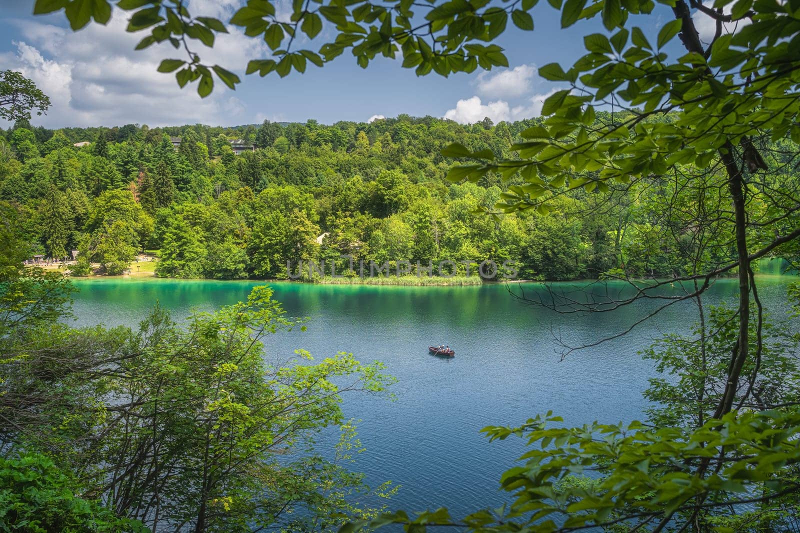 Lake and paddleboat framed by tree branches and green forest illuminated by sunlight in Plitvice Lakes National Park UNESCO World Heritage in Croatia