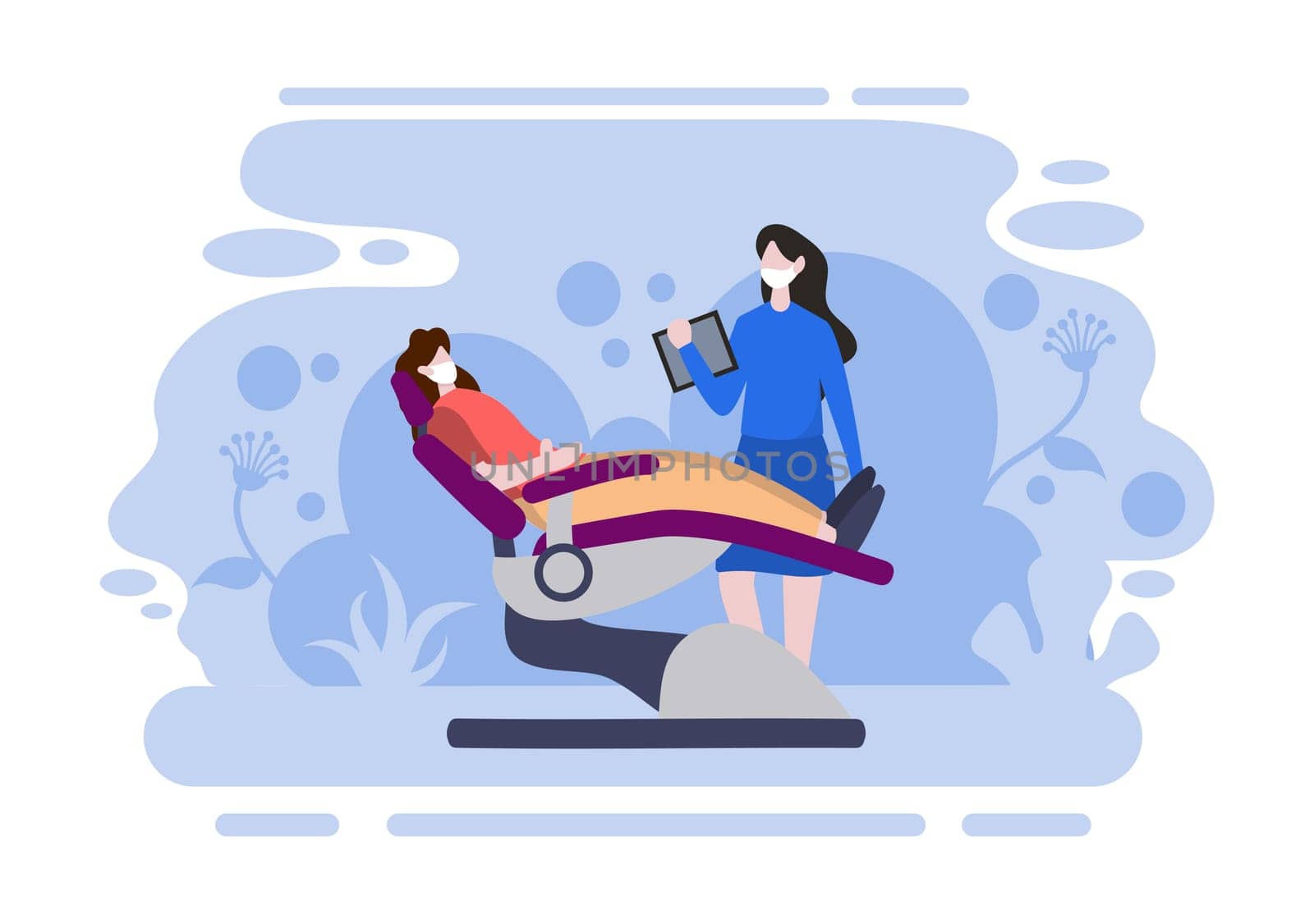 Dental Office Flat Color Illustration. Hospital interior with Workplace, Equipment, Instruments, Consultation, Treatment and Diagnosis Design