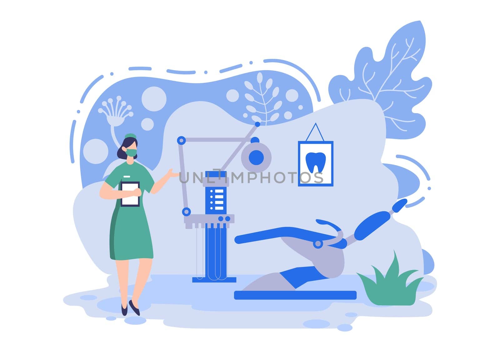 Dental Office Flat Color Illustration. Hospital interior with Workplace, Equipment, Instruments, Consultation, Treatment and Diagnosis Design