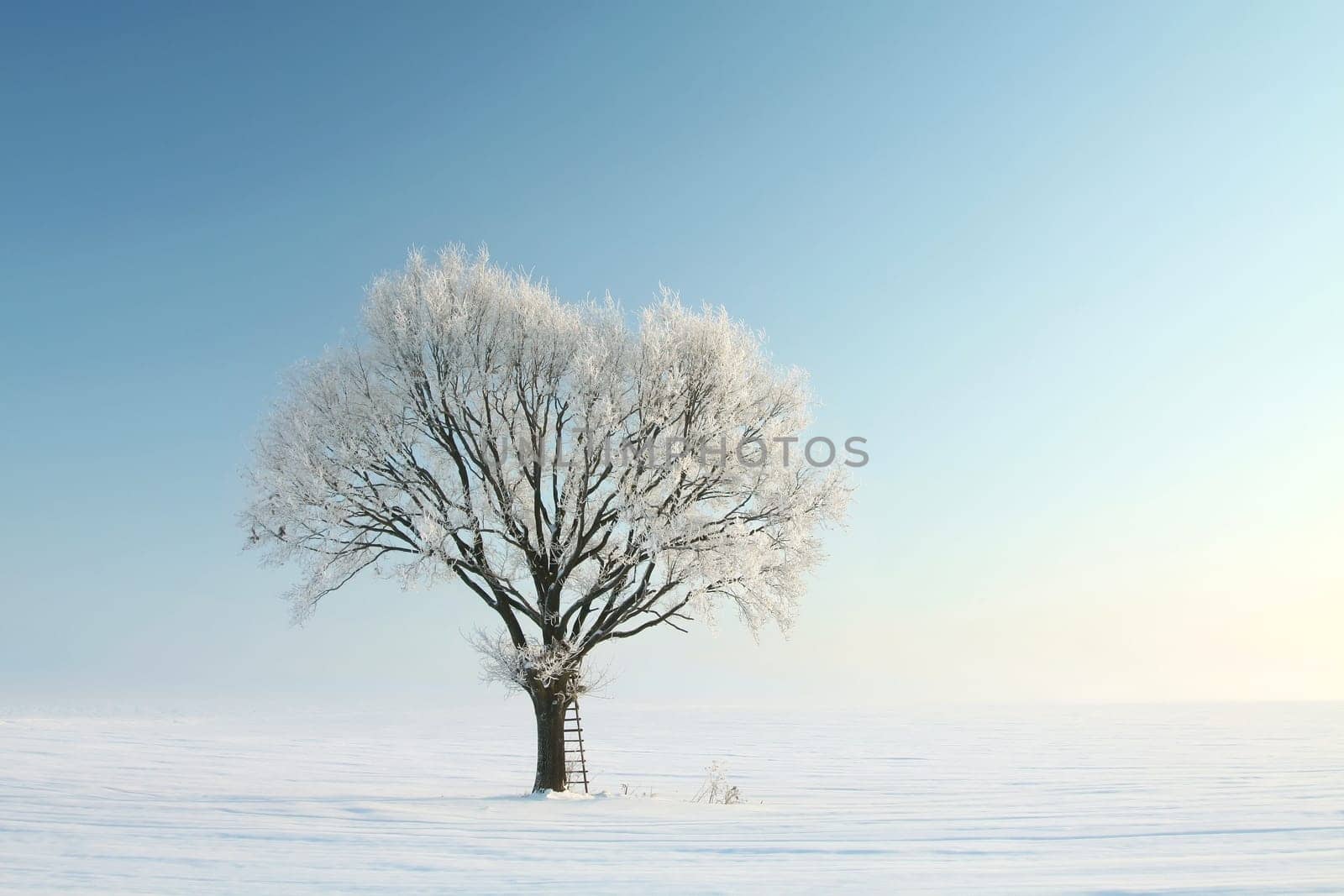 Frozen winter tree against a blue sky during sunrise
