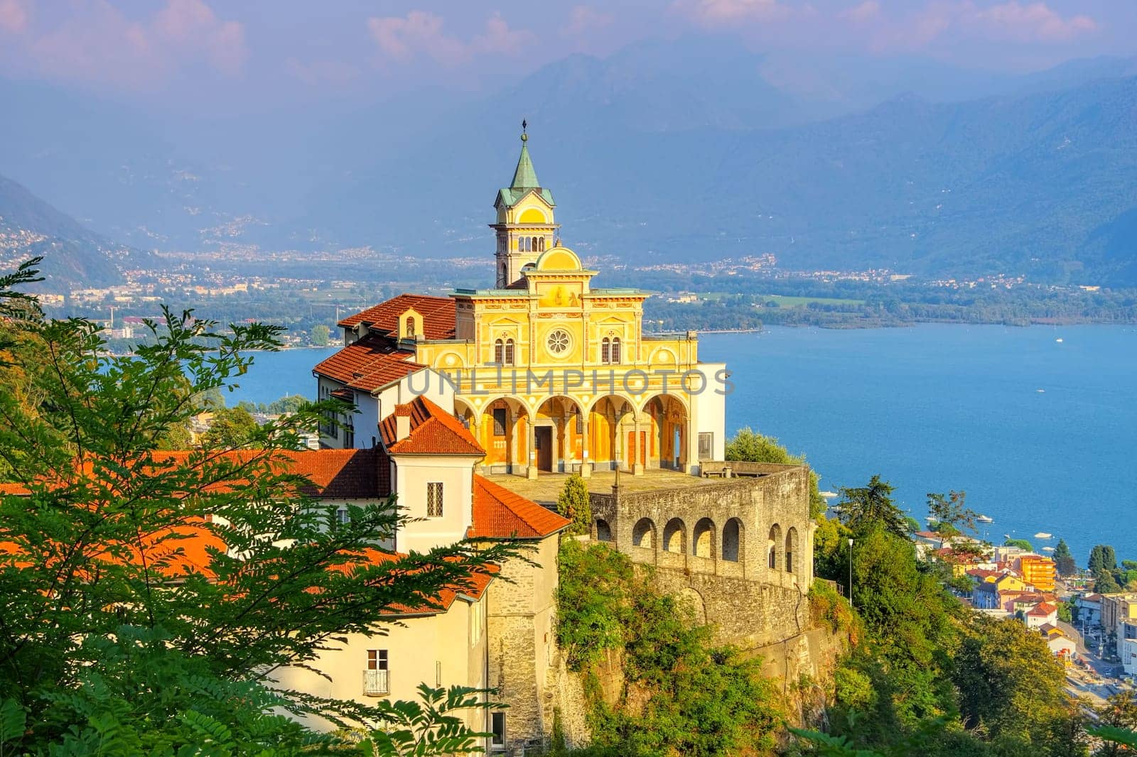 View of Madonna del Sasso Church above Locarno city and the Maggiore lake, Switzerland