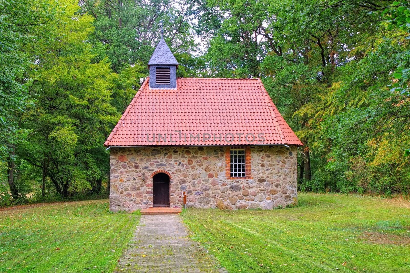 old fieldstone chapel in Muessingen, Lueneburg Heath in Germany