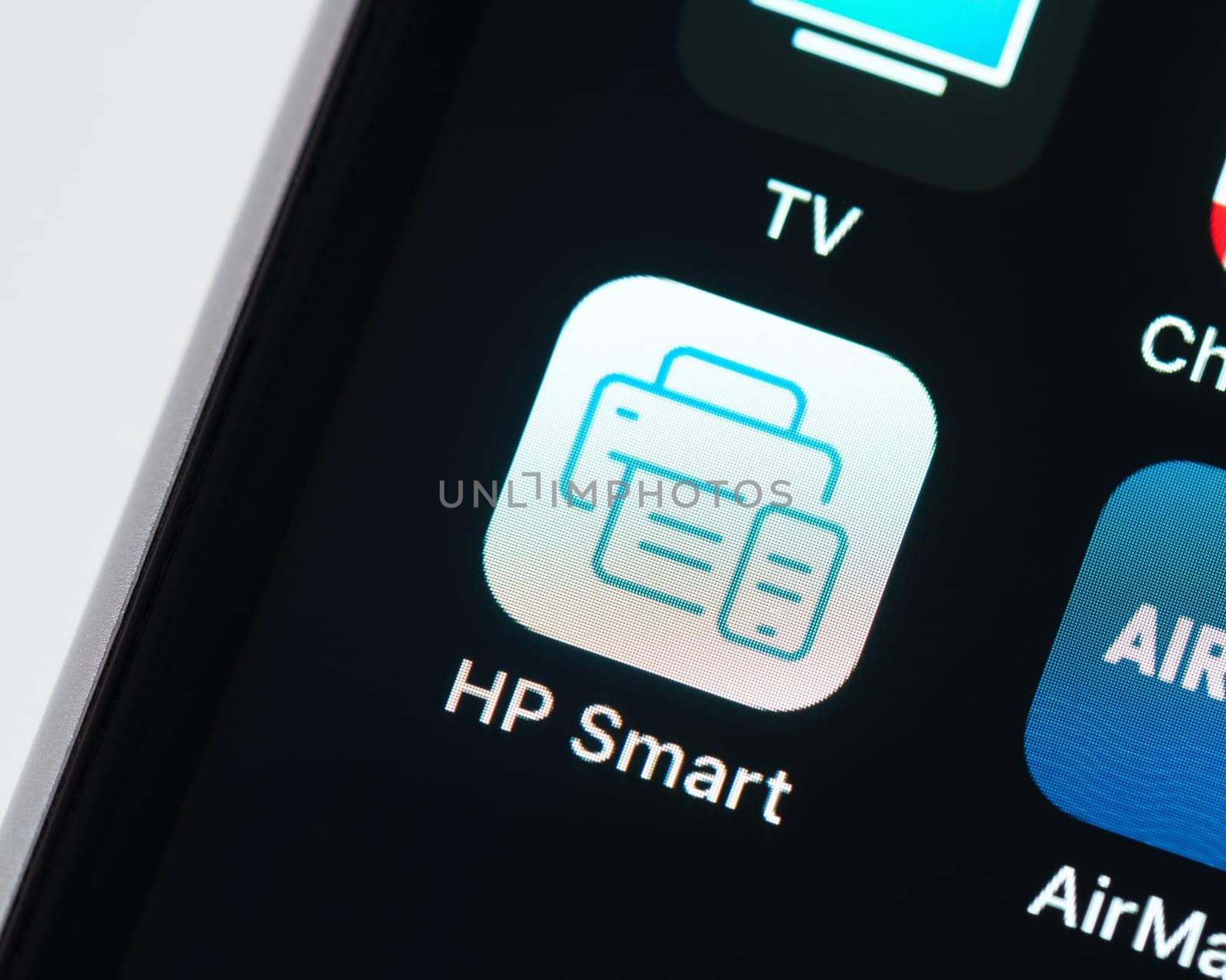 BAYONNE, FRANCE - CIRCA JANUARY 2021: HP Smart app icon on Apple iPhone screen. HP Smart app includes tools to print, scan, check ink levels, and set up your printer on a wireless network.