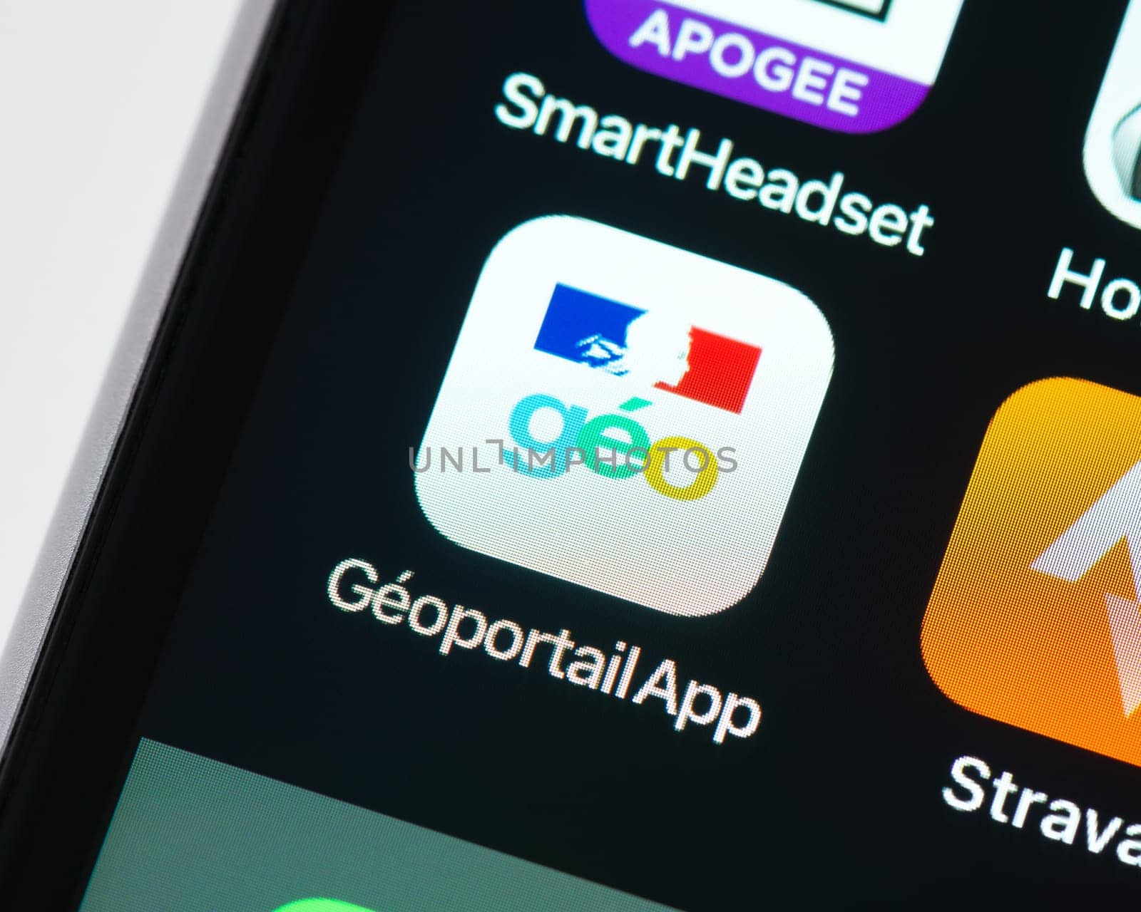BAYONNE, FRANCE - CIRCA JANUARY 2021: Geoportail app icon on Apple iPhone screen. Geoportail is a web mapping service of the French government.