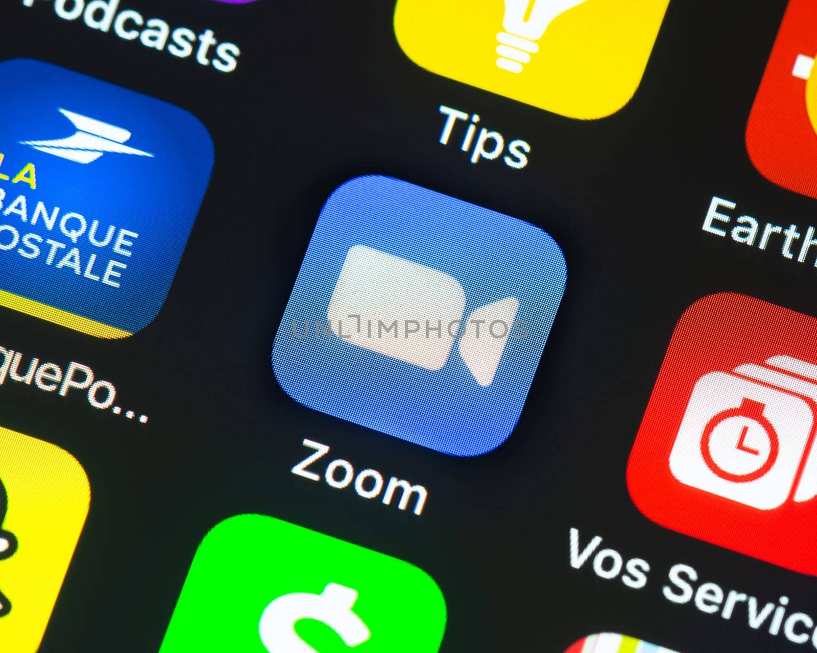 BAYONNE, FRANCE - CIRCA JANUARY 2021: Zoom app icon on Apple iPhone screen. Zoom is software program for video and audio conferencing, chat, and webinars.