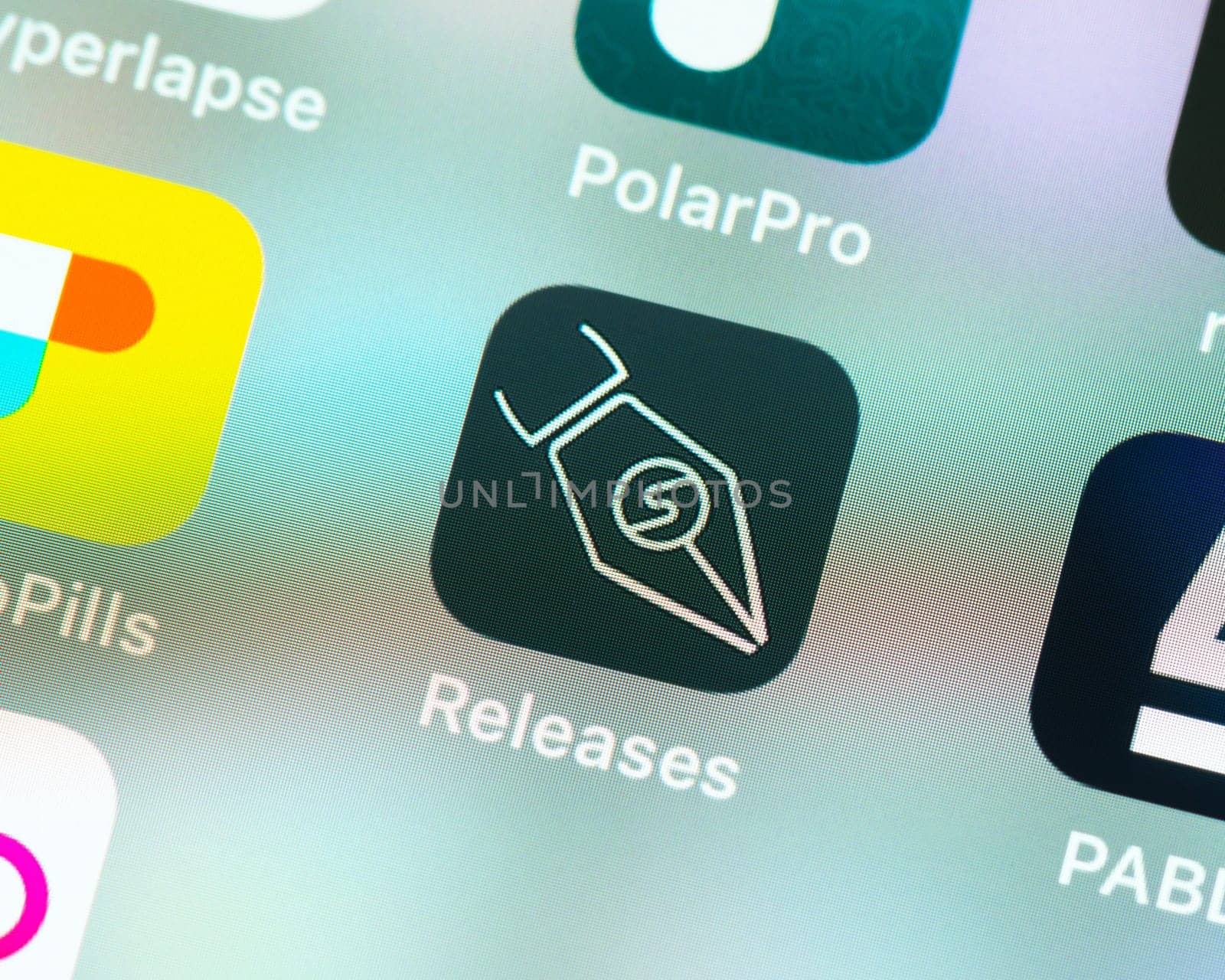 BAYONNE, FRANCE - CIRCA JANUARY 2021: Releases app icon on Apple iPhone screen. Releases is a model and property release app by Snapwire.
