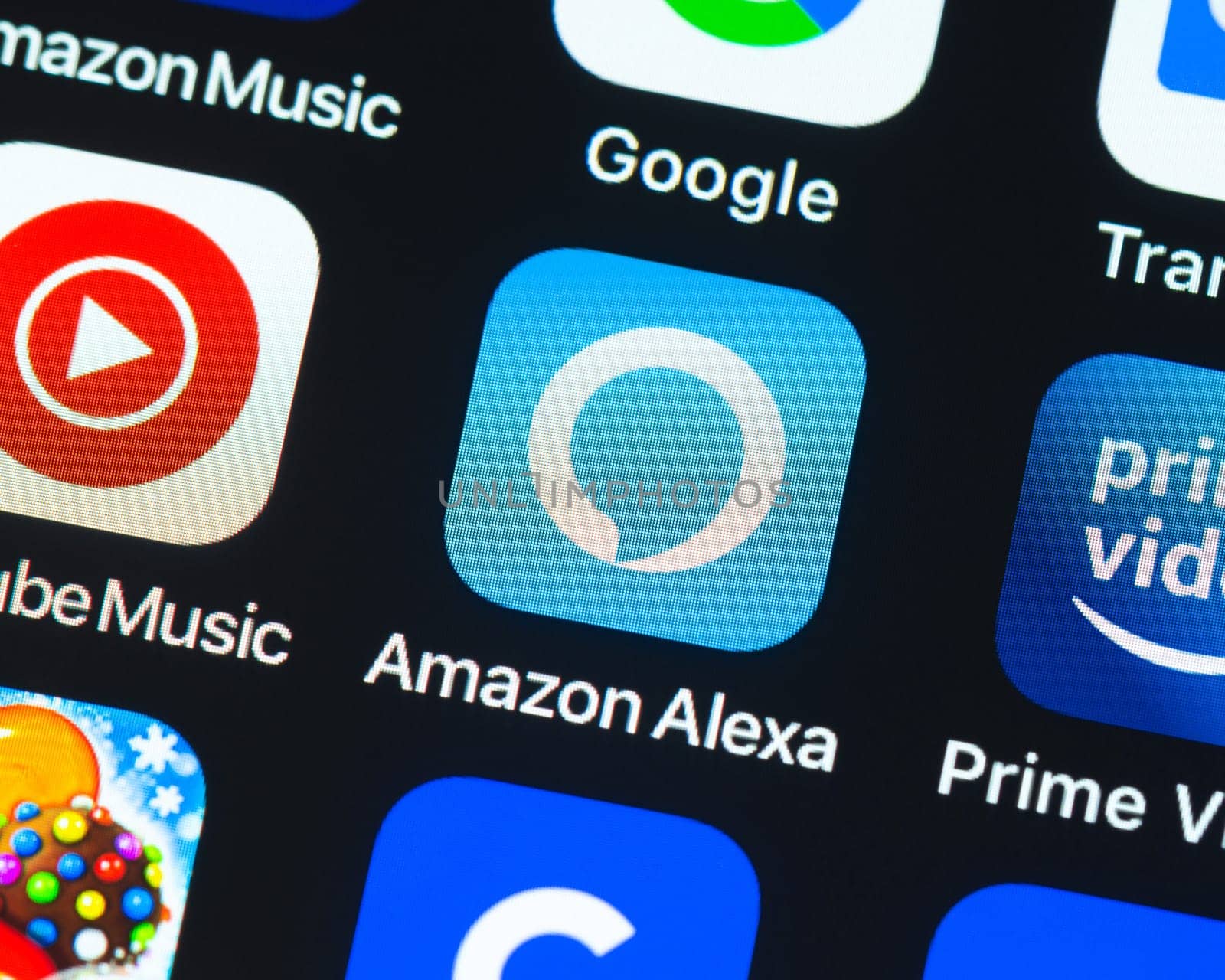 BAYONNE, FRANCE - CIRCA JANUARY 2021: Amazon Alexa app icon on Apple iPhone screen. Amazon Alexa is a virtual assistant AI technology developed by Amazon.