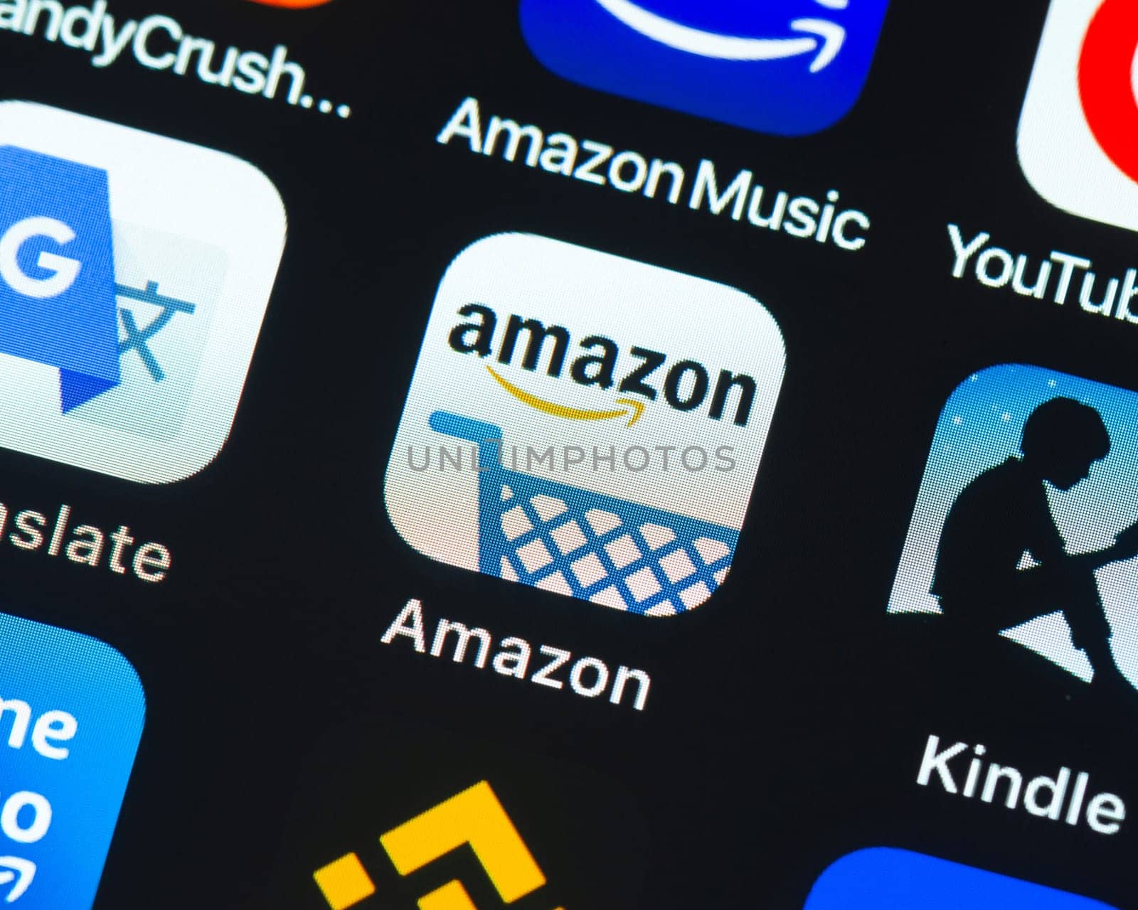 BAYONNE, FRANCE - CIRCA JANUARY 2021: Amazon app icon on Apple iPhone screen.